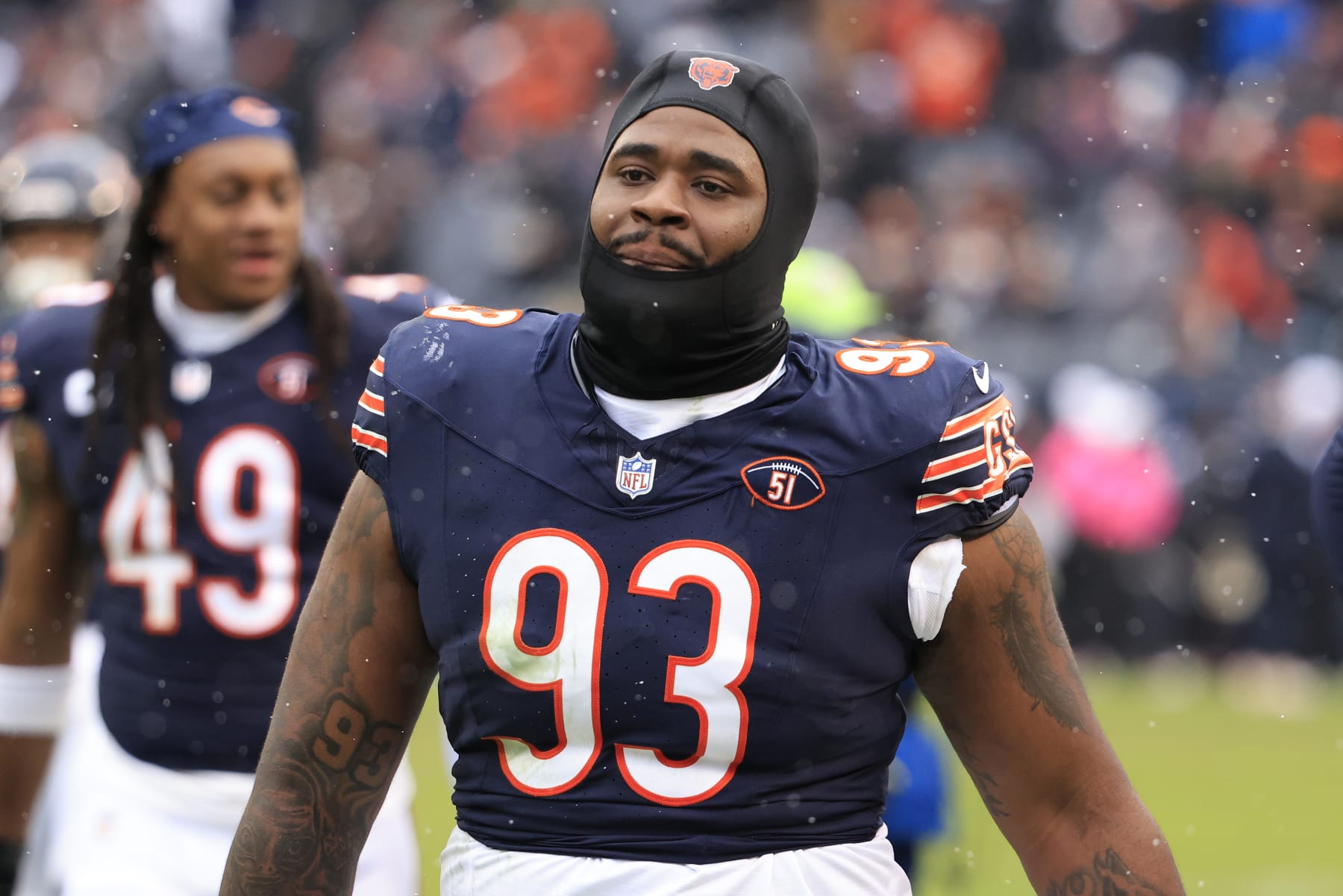 CHICAGO, ILLINOIS - DECEMBER 31: Justin Jones #93 of the Chicago Bears walks off the field at half time in the game against the Atlanta Falcons at Soldier Field on December 31, 2023 in Chicago, Illinois. (Photo by Justin Casterline/Getty Images)