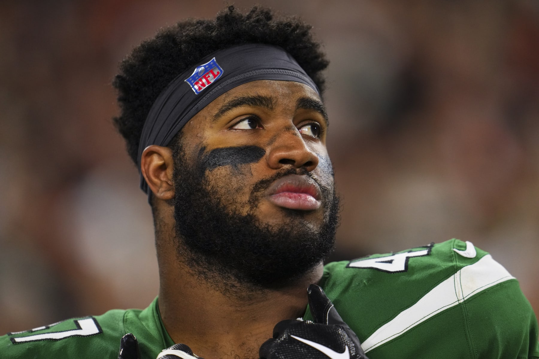 CLEVELAND, OH - DECEMBER 28: Bryce Huff #47 of the New York Jets looks on on from the sideline prior to an NFL football game against the Cleveland Browns at Cleveland Browns Stadium on December 28, 2023 in Cleveland, Ohio. (Photo by Cooper Neill/Getty Images)