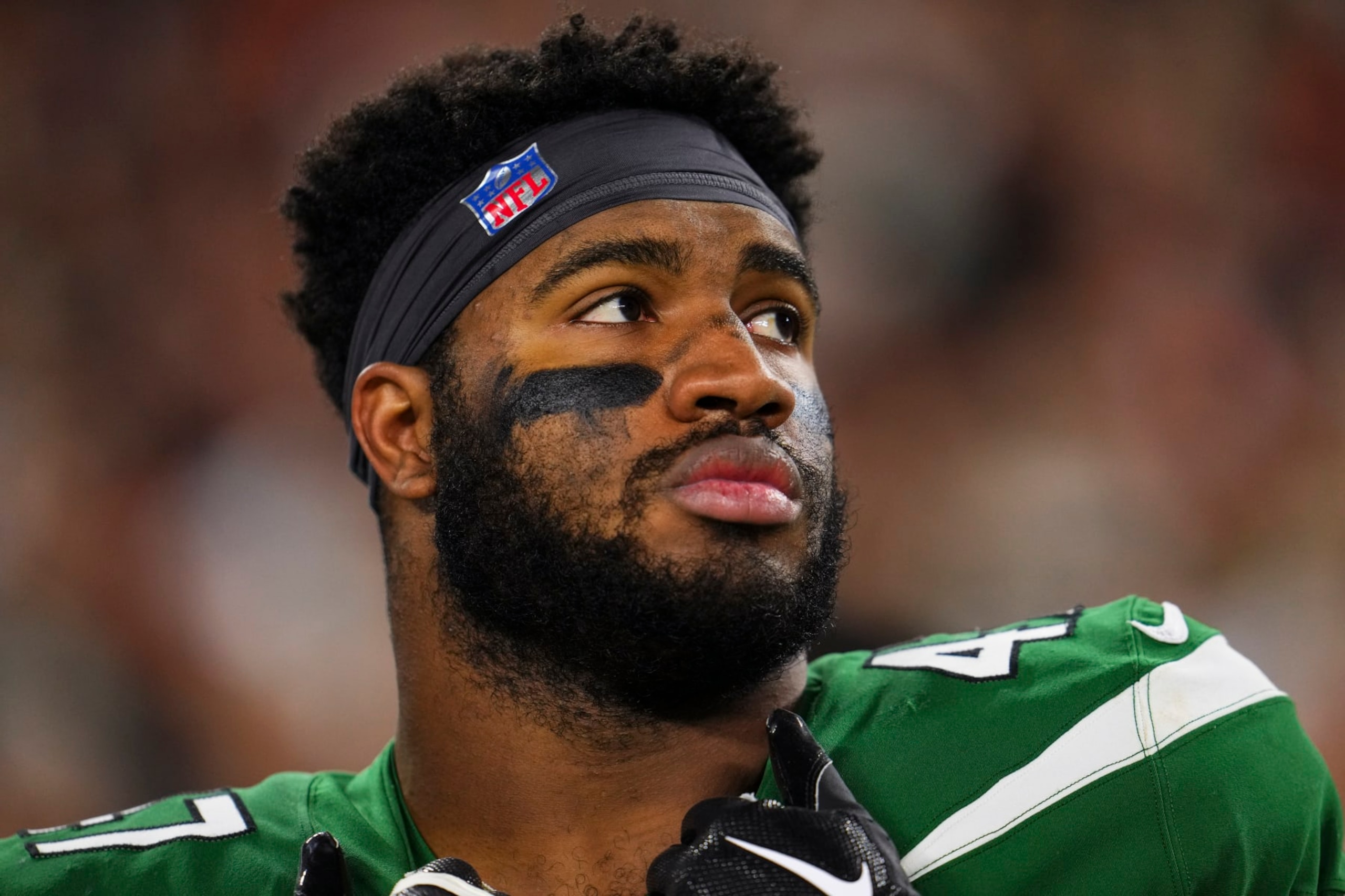 CLEVELAND, OH - DECEMBER 28: Bryce Huff #47 of the New York Jets looks on on from the sideline prior to an NFL football game against the Cleveland Browns at Cleveland Browns Stadium on December 28, 2023 in Cleveland, Ohio. (Photo by Cooper Neill/Getty Images)