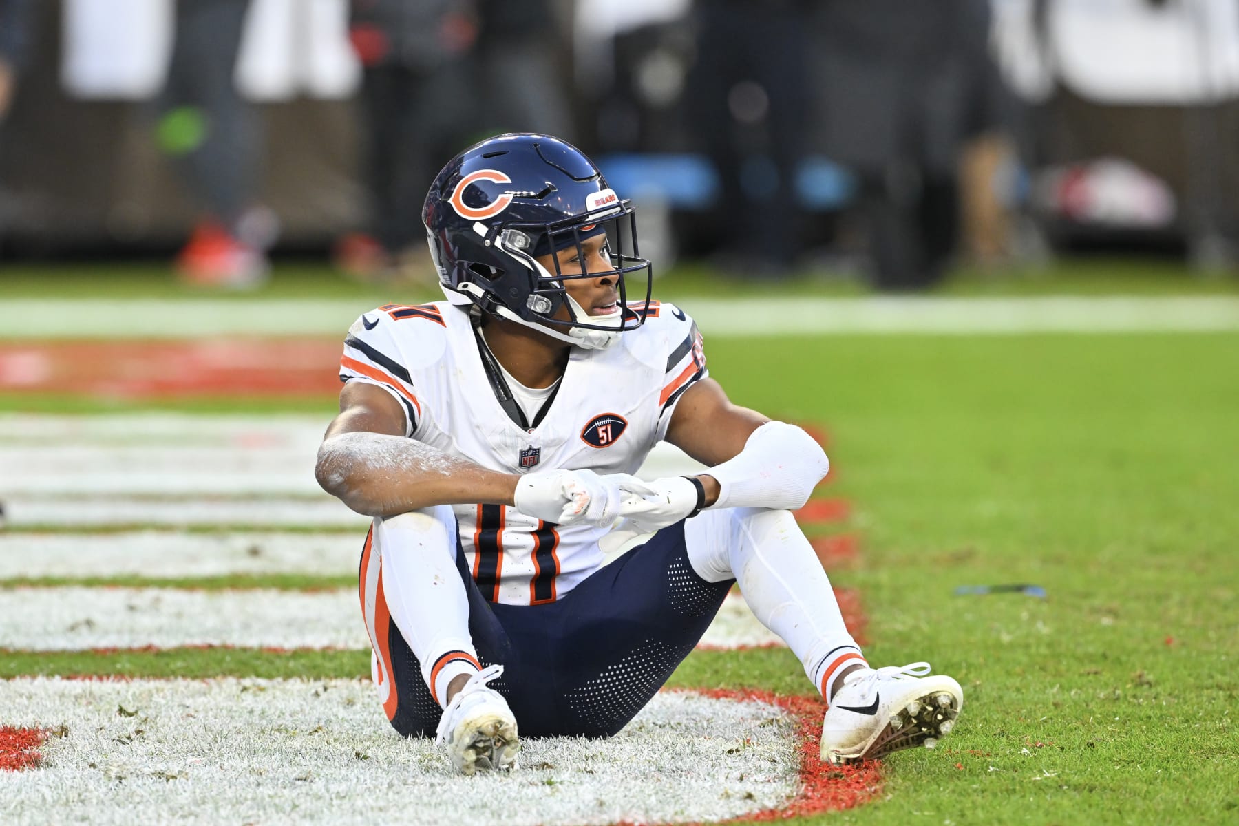 CLEVELAND, OHIO - DECEMBER 17: Darnell Mooney #11 of the Chicago Bears reacts after failing to haul in a Hail Mary pass in the end zone during the fourth quarter of a game against the Cleveland Browns at Cleveland Browns Stadium on December 17, 2023 in Cleveland, Ohio. (Photo by Jason Miller/Getty Images)