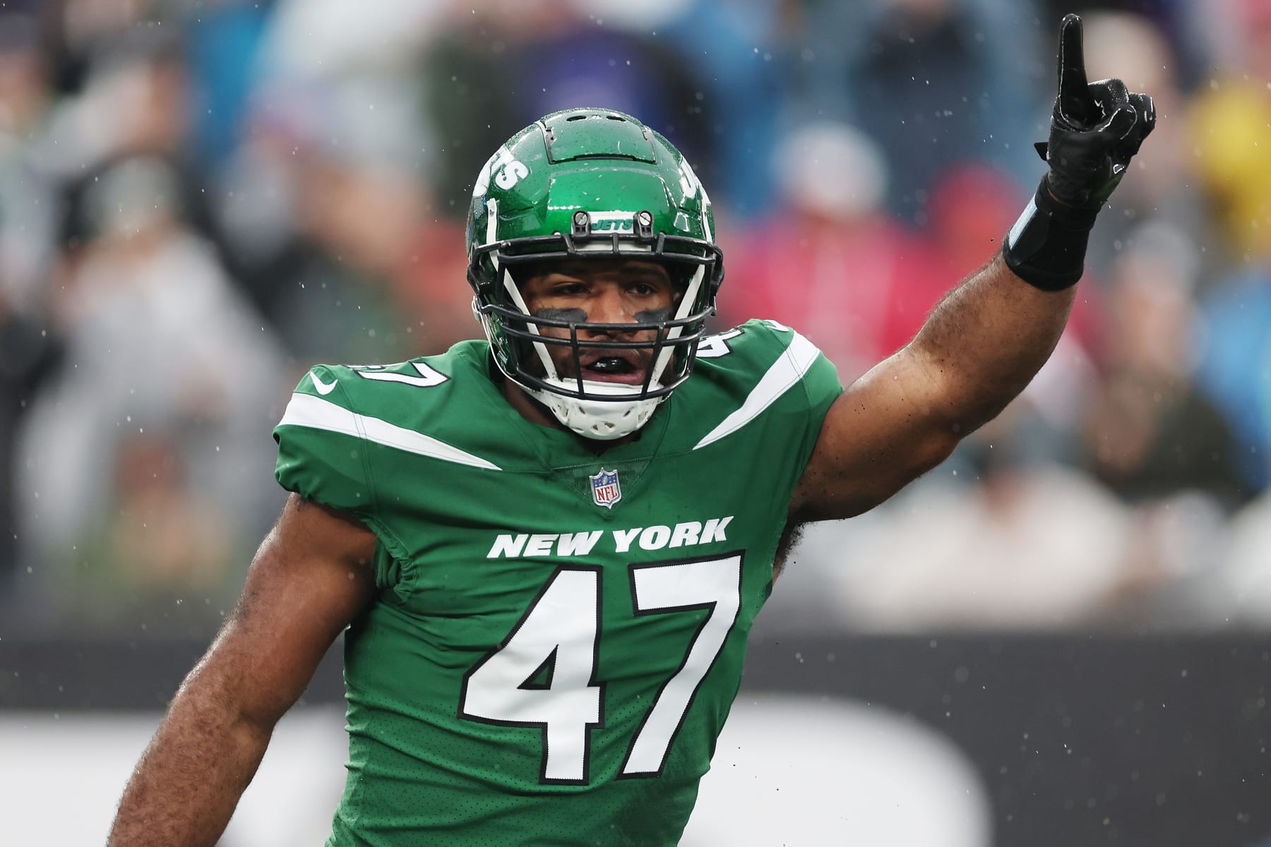 EAST RUTHERFORD, NEW JERSEY - DECEMBER 10: Bryce Huff #47 of the New York Jets celebrates after a sack during the first quarter in the game against the Houston Texans at MetLife Stadium on December 10, 2023 in East Rutherford, New Jersey. (Photo by Al Bello/Getty Images)