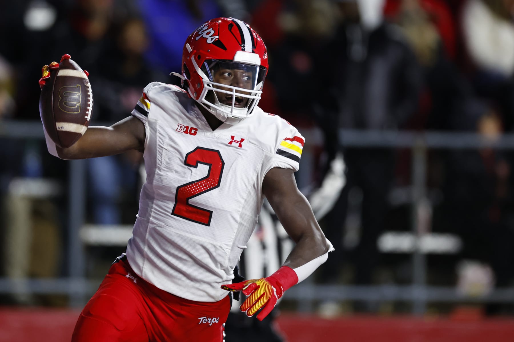 PISCATAWAY, NEW JERSEY - NOVEMBER 25:  Tight end Corey Dyches of the Maryland Terrapins celebrates his scores on a 44-yard pass against the Rutgers Scarlet Knights during the second quarter of a game at SHI Stadium on November 25, 2023 in Piscataway, New Jersey. (Photo by Rich Schultz/Getty Images)