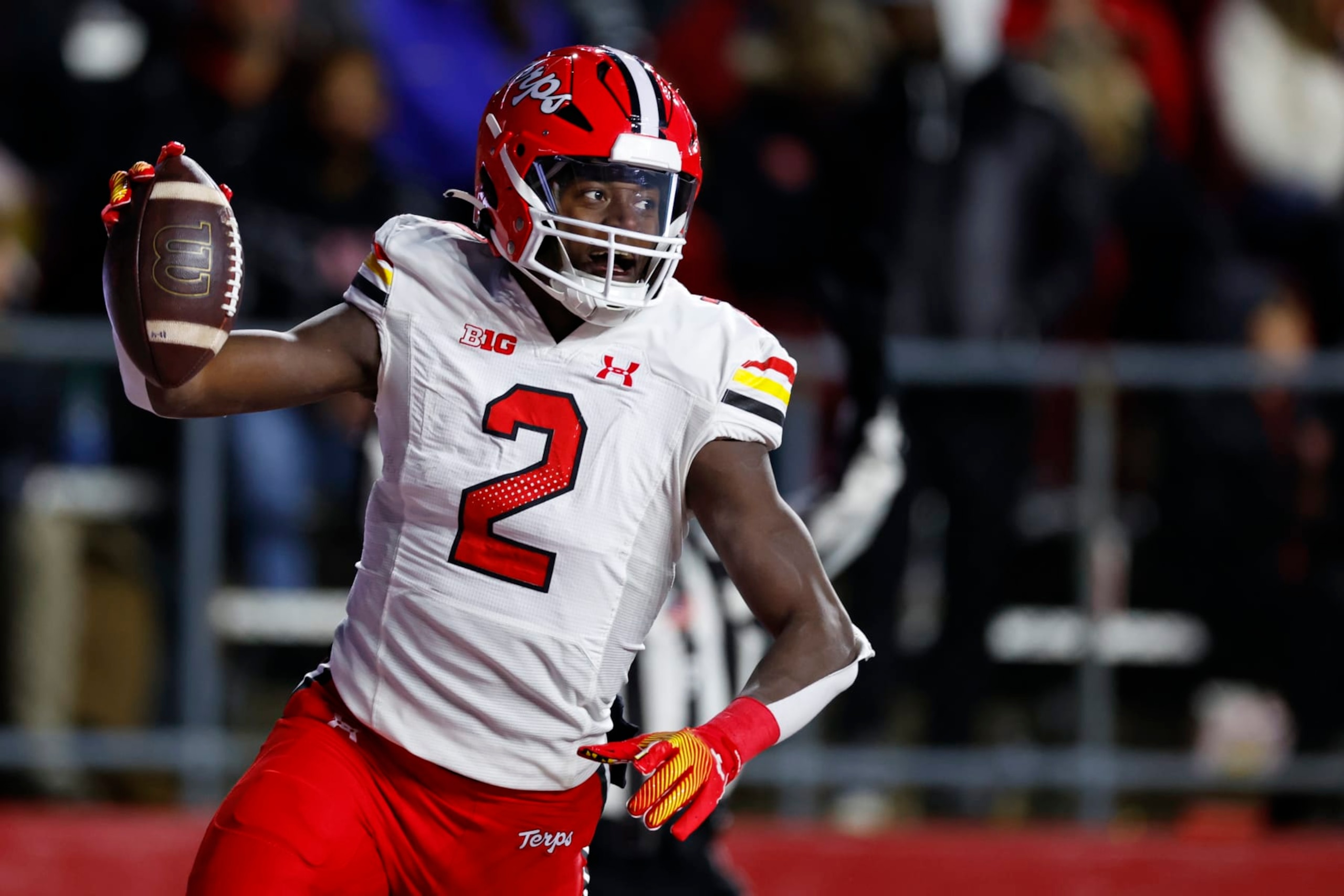 PISCATAWAY, NEW JERSEY - NOVEMBER 25: Tight end Corey Dyches of the Maryland Terrapins celebrates his scores on a 44-yard pass against the Rutgers Scarlet Knights during the second quarter of a game at SHI Stadium on November 25, 2023 in Piscataway, New Jersey. (Photo by Rich Schultz/Getty Images) PISCATAWAY, NEW JERSEY - NOVEMBER 25: Tight end Corey Dyches of the Maryland Terrapins celebrates his scores on a 44-yard pass against the Rutgers Scarlet Knights during the second quarter of a game at SHI Stadium on November 25, 2023 in Piscataway, New Jersey. (Photo by Rich Schultz/Getty Images)