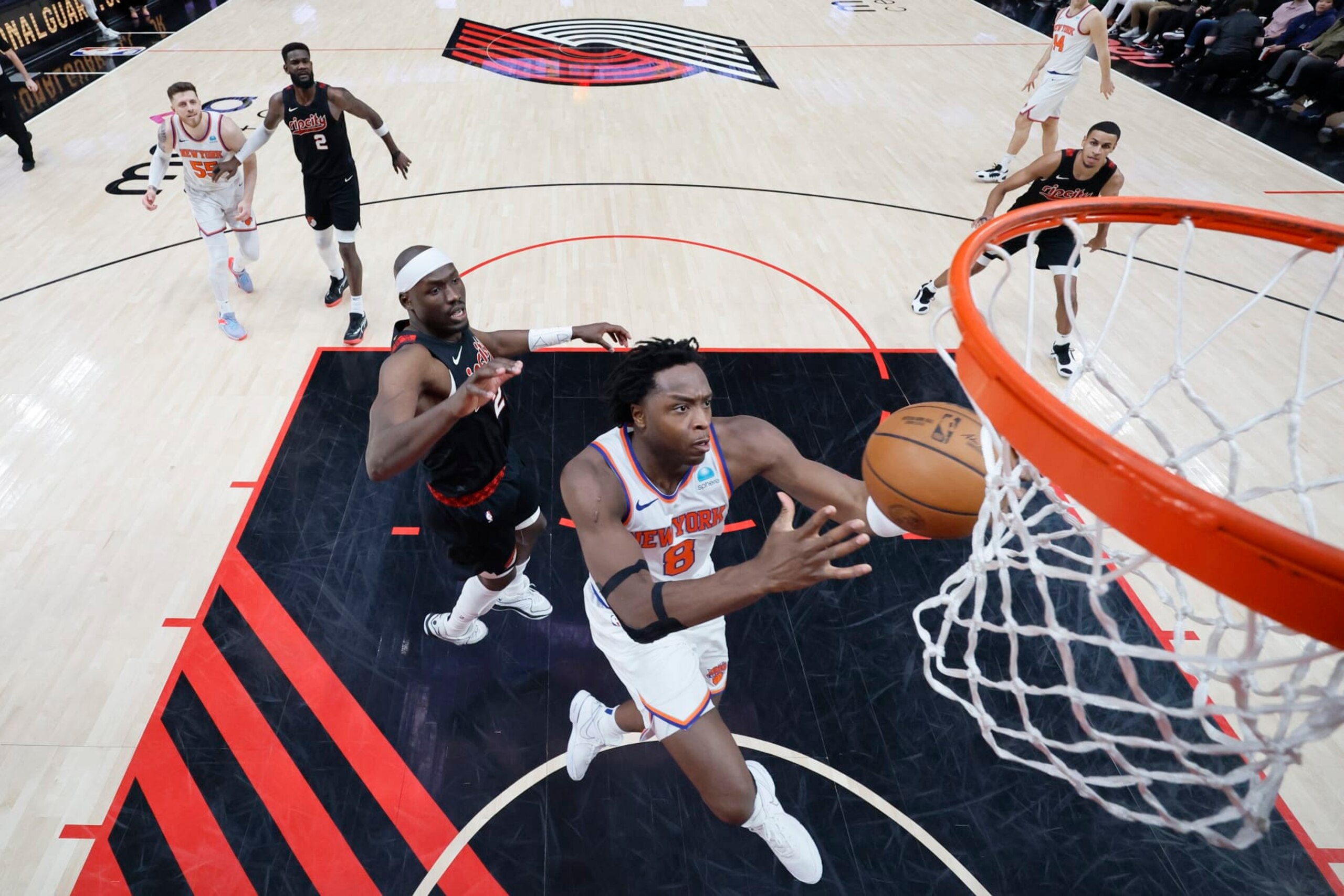 PORTLAND, OREGON - MARCH 14: OG Anunoby #8 of the New York Knicks drives to the basket past Duop Reath #26 (L) of the Portland Trail Blazers during the second half at Moda Center on March 14, 2024 in Portland, Oregon. NOTE TO USER: User expressly acknowledges and agrees that, by downloading and or using this photograph, User is consenting to the terms and conditions of the Getty Images License Agreement. (Photo by Soobum Im/Getty Images) PORTLAND, OREGON - MARCH 14: OG Anunoby #8 of the New York Knicks drives to the basket past Duop Reath #26 (L) of the Portland Trail Blazers during the second half at Moda Center on March 14, 2024 in Portland, Oregon. NOTE TO USER: User expressly acknowledges and agrees that, by downloading and or using this photograph, User is consenting to the terms and conditions of the Getty Images License Agreement. (Photo by Soobum Im/Getty Images)