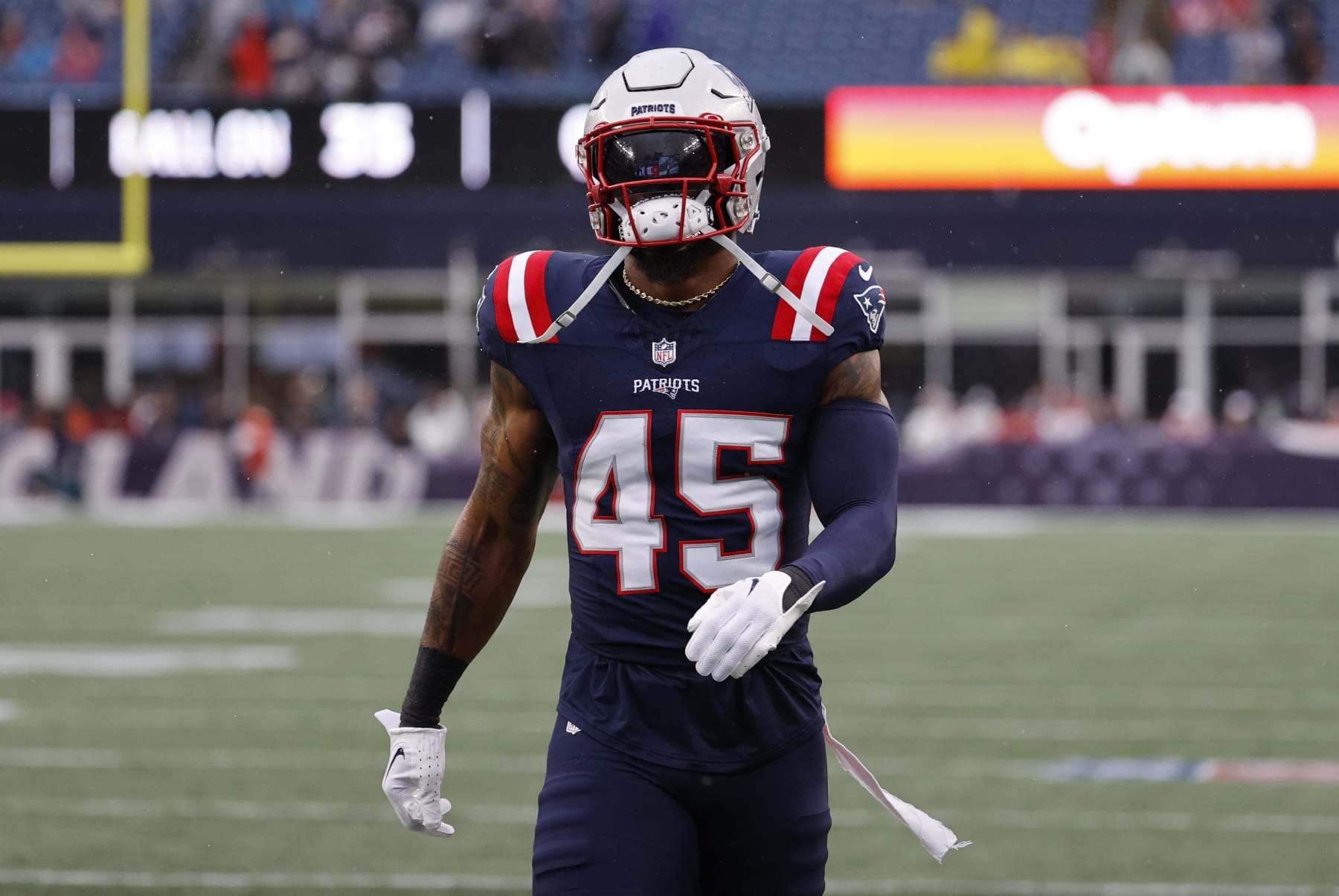 FOXBOROUGH, MA - SEPTEMBER 10: New England Patriots linebacker Chris Board (45) in warm up before a game between the New England Patriots and the Philadelphia Eagles on September 10, 2023, at Gillette Stadium in Foxborough, Massachusetts. (Photo by Fred Kfoury III/Icon Sportswire via Getty Images) FOXBOROUGH, MA - SEPTEMBER 10: New England Patriots linebacker Chris Board (45) in warm up before a game between the New England Patriots and the Philadelphia Eagles on September 10, 2023, at Gillette Stadium in Foxborough, Massachusetts. (Photo by Fred Kfoury III/Icon Sportswire via Getty Images)