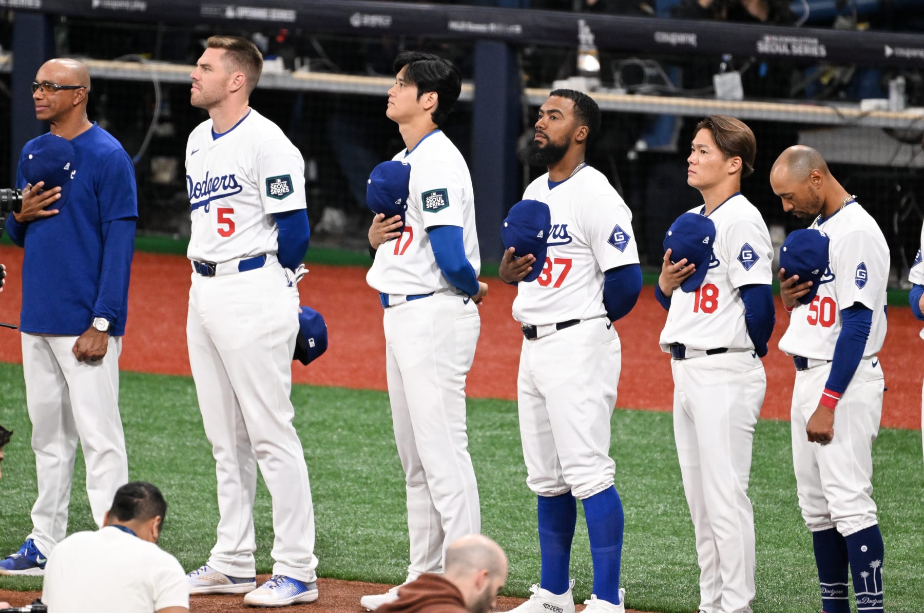 SEOUL, SOUTH KOREA - MARCH 18: Shohei Ohtani #17 of Los Angeles Dodgers line up prior to the exhibition game between Team Korea and Los Angeles Dodgers at Gocheok Sky Dome on March 18, 2024 in Seoul, South Korea. (Photo by Gene Wang/Getty Images)