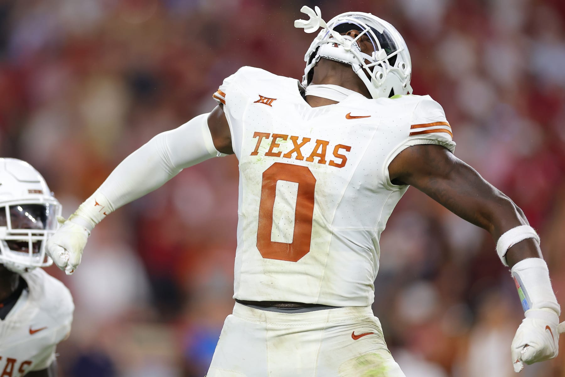TUSCALOOSA, ALABAMA - SEPTEMBER 09: Anthony Hill Jr. #0 of the Texas Longhorns celebrates after tackling Jalen Milroe #4 of the Alabama Crimson Tide during the third quarter at Bryant-Denny Stadium on September 09, 2023 in Tuscaloosa, Alabama. (Photo by Kevin C. Cox/Getty Images)
