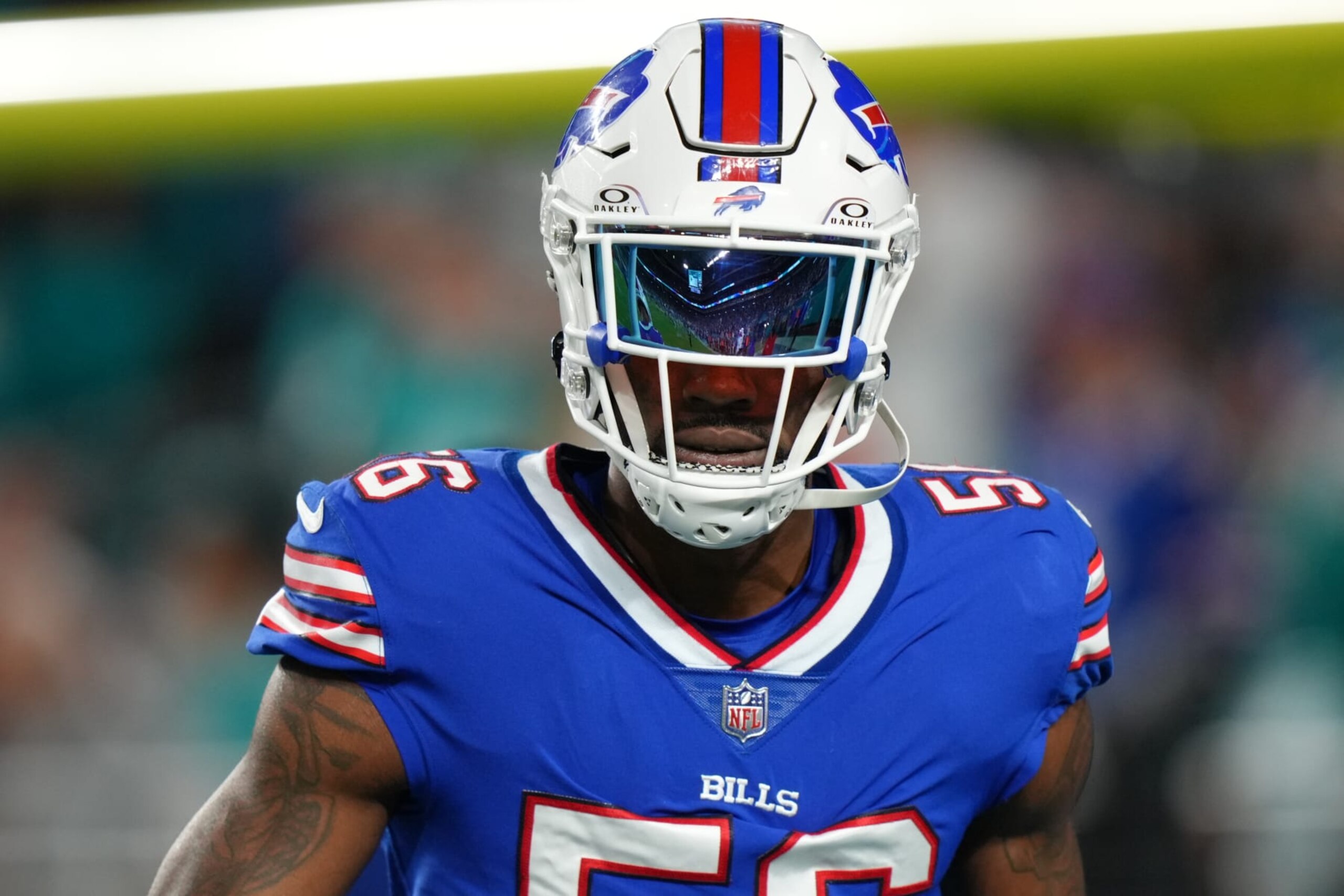 MIAMI GARDENS, FL - JANUARY 07: Buffalo Bills defensive end Leonard Floyd (56) warms up before the game between the Buffalo Bills and the Miami Dolphins on Sunday, January 7, 2024 at Hard Rock Stadium, Miami Gardens, Fla. (Photo by Peter Joneleit/Icon Sportswire via Getty Images)