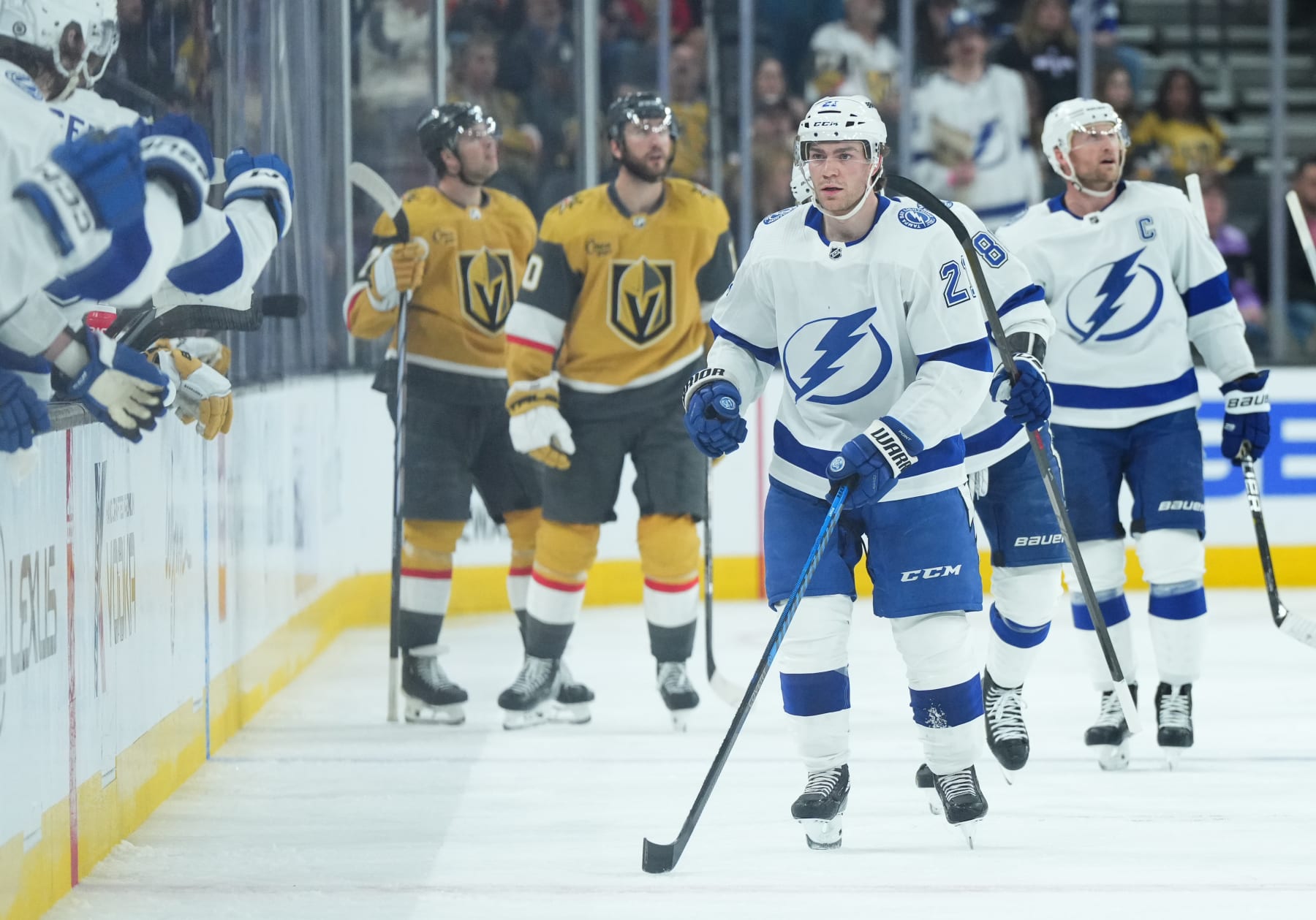 LAS VEGAS, NEVADA - MARCH 19: Brayden Point #21 of the Tampa Bay Lightning celebrates with teammates after a goal during the third period against the Vegas Golden Knights at T-Mobile Arena on March 19, 2024 in Las Vegas, Nevada. (Photo by Jeff Bottari/NHLI via Getty Images)
