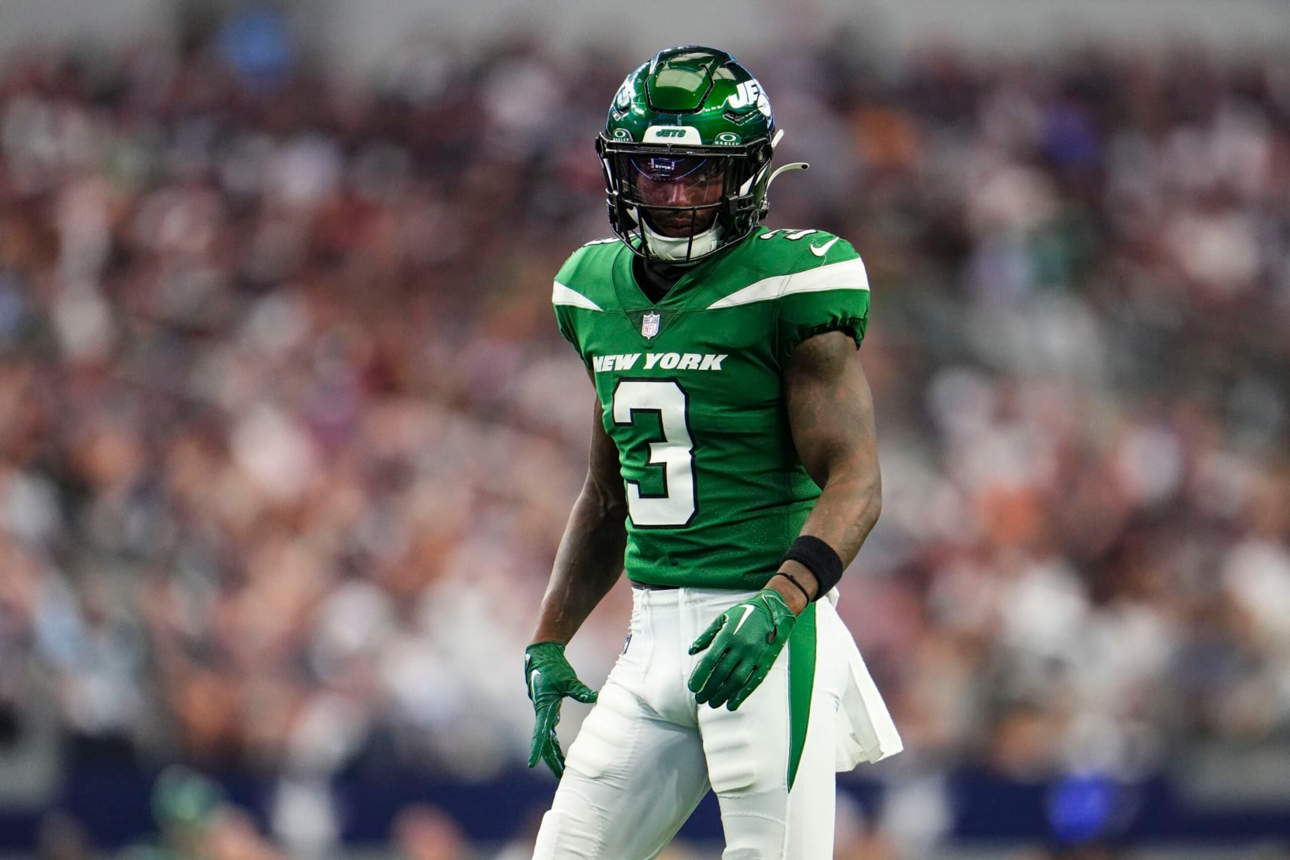 ARLINGTON, TX - SEPTEMBER 17: Jordan Whitehead #3 of the New York Jets looks on from the field during a football game at AT&T Stadium on September 17, 2023 in Arlington, Texas. (Photo by Cooper Neill/Getty Images)
