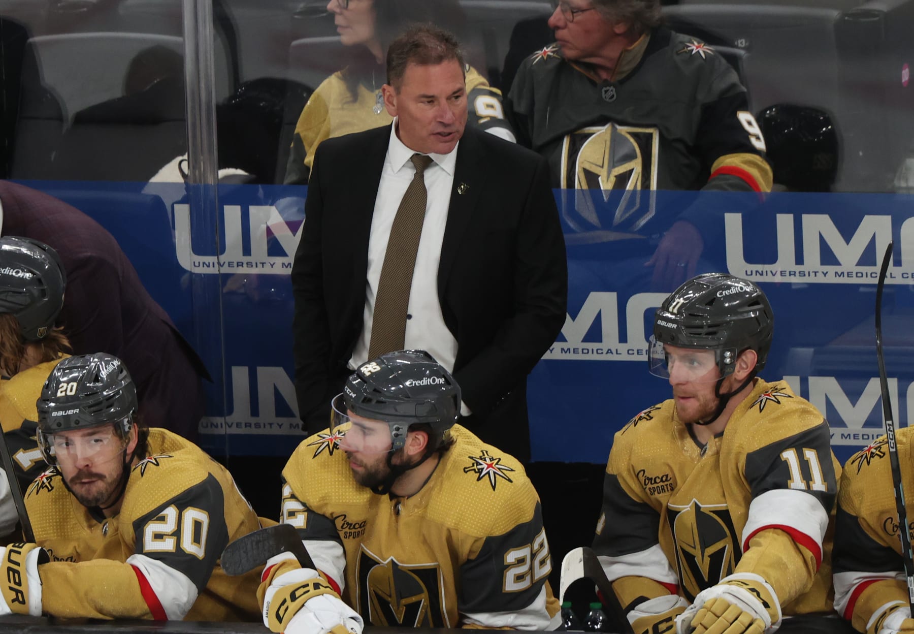 LAS VEGAS, NEVADA - MARCH 07: Head coach Bruce Cassidy of the Vegas Golden Knights is seen on the bench during the third period against the Vancouver Canucks at T-Mobile Arena on March 07, 2024 in Las Vegas, Nevada. (Photo by Zak Krill/NHLI via Getty Images)