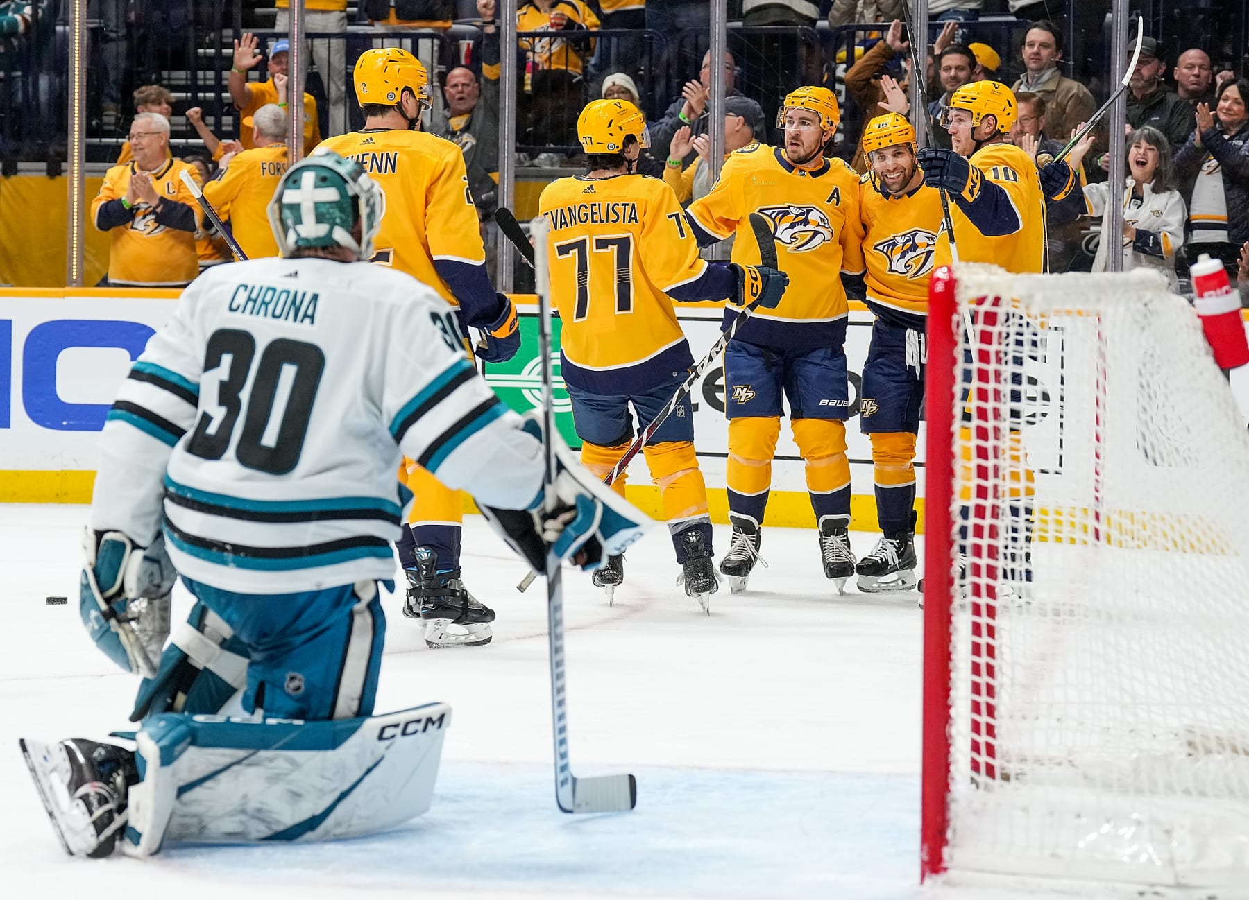 NASHVILLE, TENNESSEE - MARCH 19: Jason Zucker #16 of the Nashville Predators celebrates his goal against Magnus Chrona #30 of the San Jose Sharks during an NHL game at Bridgestone Arena on March 19, 2024 in Nashville, Tennessee. (Photo by John Russell/NHLI via Getty Images)