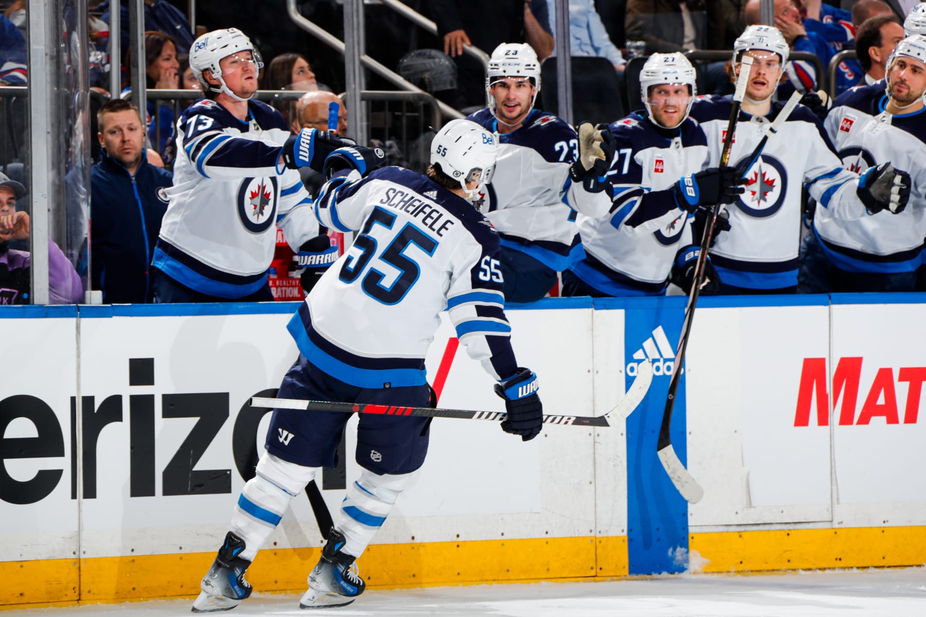 NEW YORK, NEW YORK - MARCH 19:  Mark Scheifele #55 of the Winnipeg Jets celebrates after scoring a goal in the second period against the New York Rangers at Madison Square Garden on March 19, 2024 in New York City. (Photo by Jared Silber/NHLI via Getty Images)