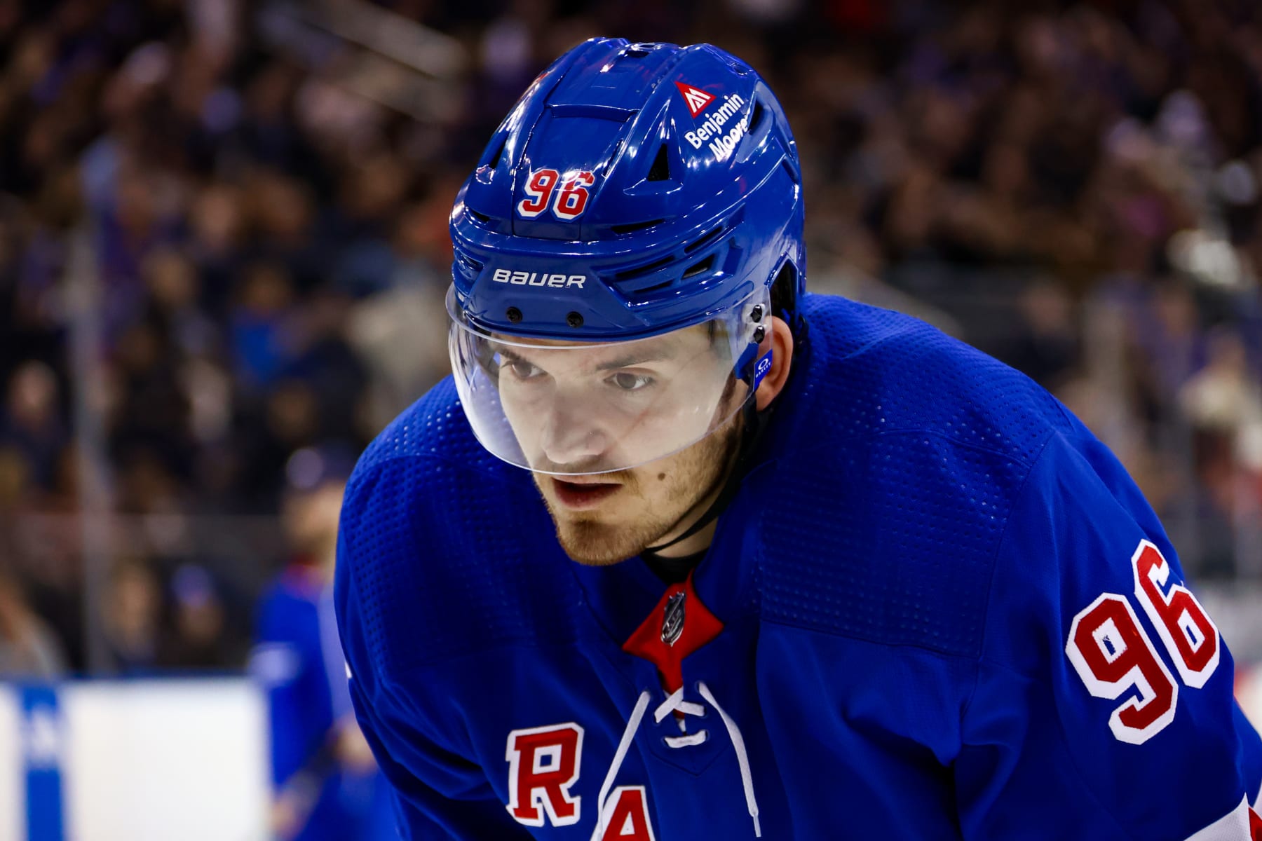 NEW YORK, NY - MARCH 19: New York Rangers Right Wing Jack Roslovic (96) is pictured during the National Hockey League game between the Winnipeg Jets and the New York Rangers on March 19, 2024 at Madison Square Garden in New York, NY. (Photo by Joshua Sarner/Icon Sportswire via Getty Images)