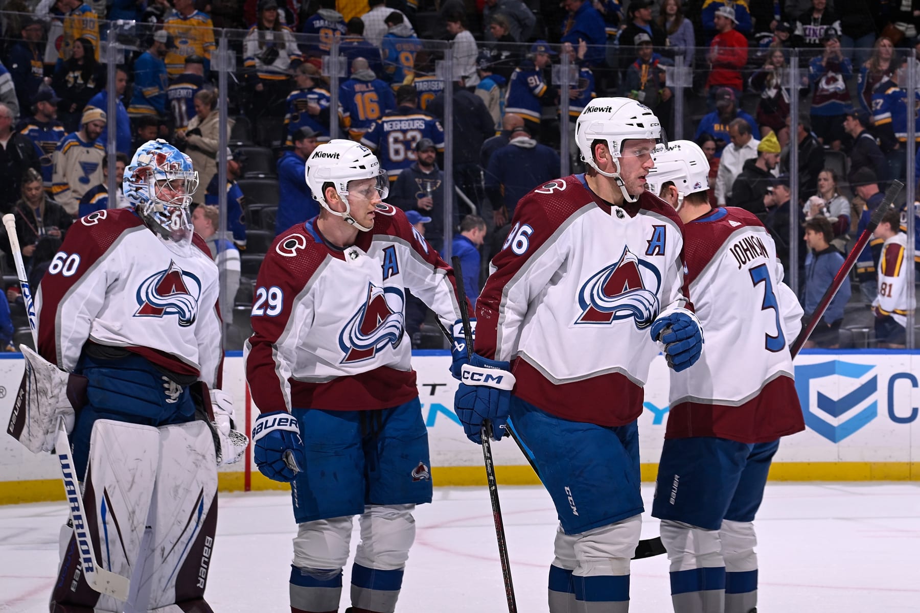 ST. LOUIS, MO - MARCH 19: Mikko Rantanen #96 of the Colorado Avalanche celebrates with teammates after beating the St. Louis Blues 4-3 on March 19, 2024 at the Enterprise Center in St. Louis, Missouri. (Photo by Joe Puetz/NHLI via Getty Images)