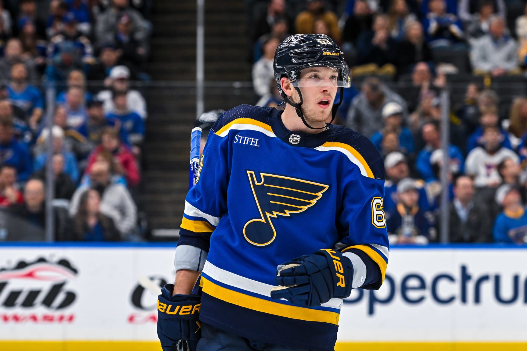 ST. LOUIS, MO - March 19: St. Louis Blues left wing Jake Neighbours (63) during a regular season game between the Colorado Avalanche and the St. Louis Blues on March 19, 2024, at the Enterprise Center in St. Louis MO (Photo by Rick Ulreich/Icon Sportswire via Getty Images)