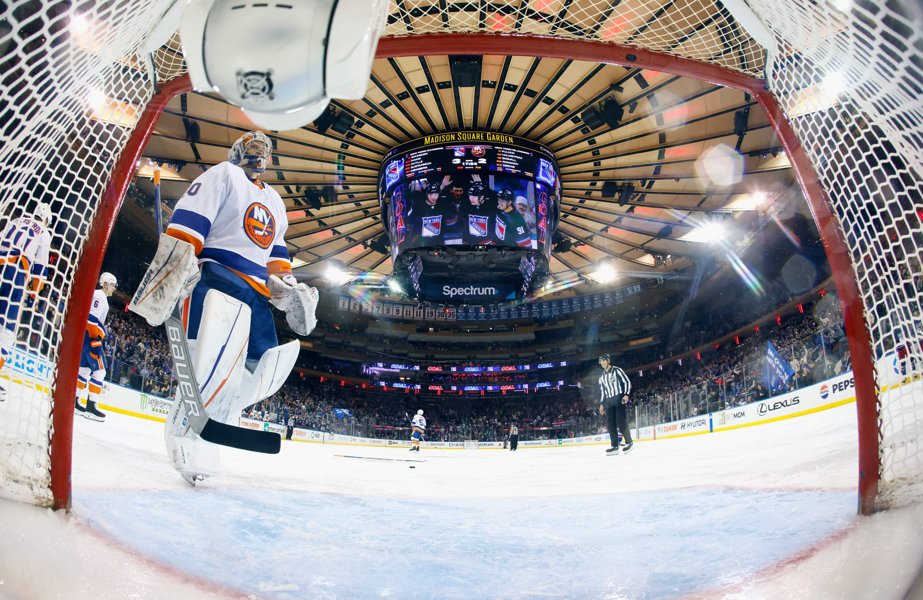 NEW YORK, NEW YORK - MARCH 17: Ilya Sorokin #30 of the New York Islanders pauses after giving up a 4th goal to the New York Rangers during the third period at Madison Square Garden on March 17, 2024 in New York City. The Rangers defeated the Islanders 5-2. (Photo by Bruce Bennett/Getty Images)
