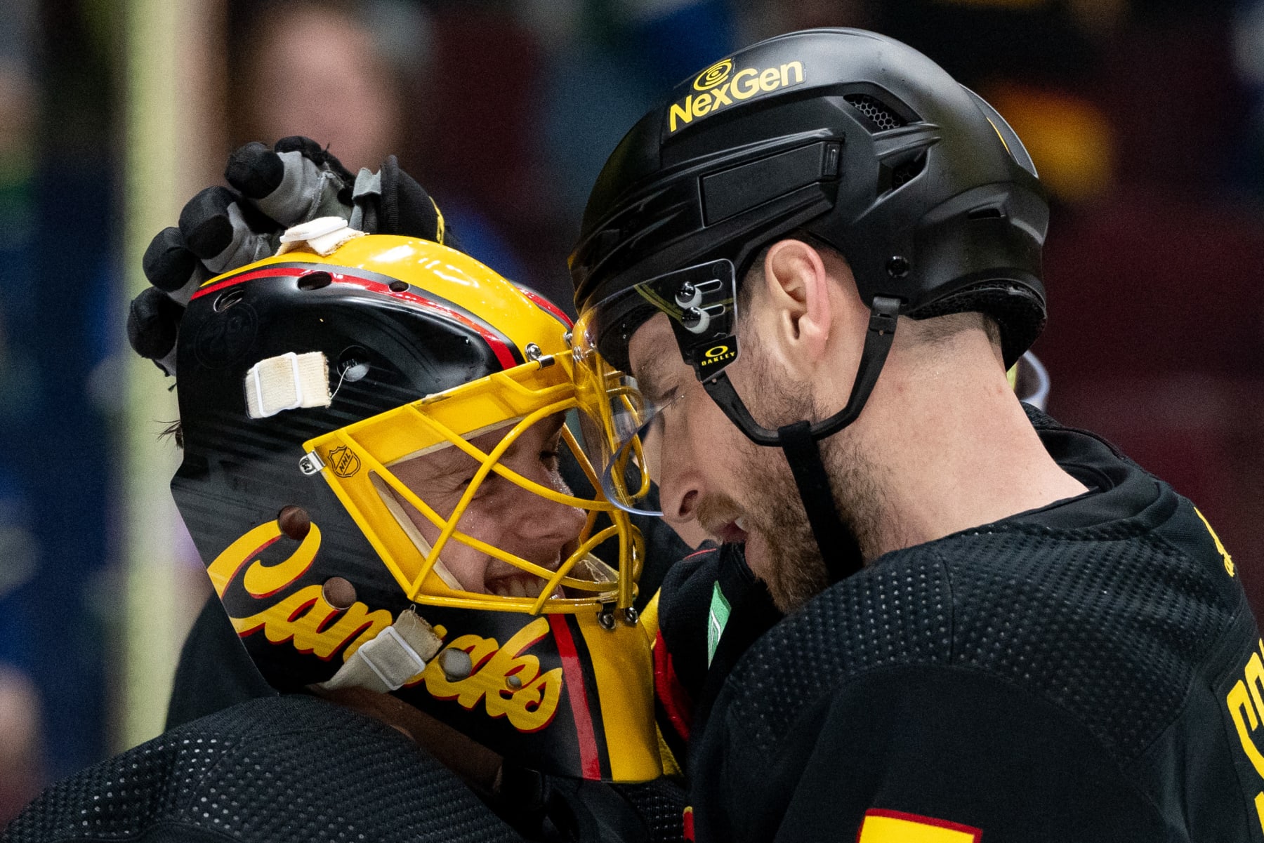 VANCOUVER, BC - MARCH 19: Vancouver Canucks goaltender Casey DeSmith (29) and Vancouver Canucks defenseman Carson Soucy (7) celebrate their win against the Buffalo Sabres after an NHL game on Tuesday, March 19, 2024 at Rogers Arena in Vancouver, B.C. (Photo by Ethan Cairns/Icon Sportswire via Getty Images)