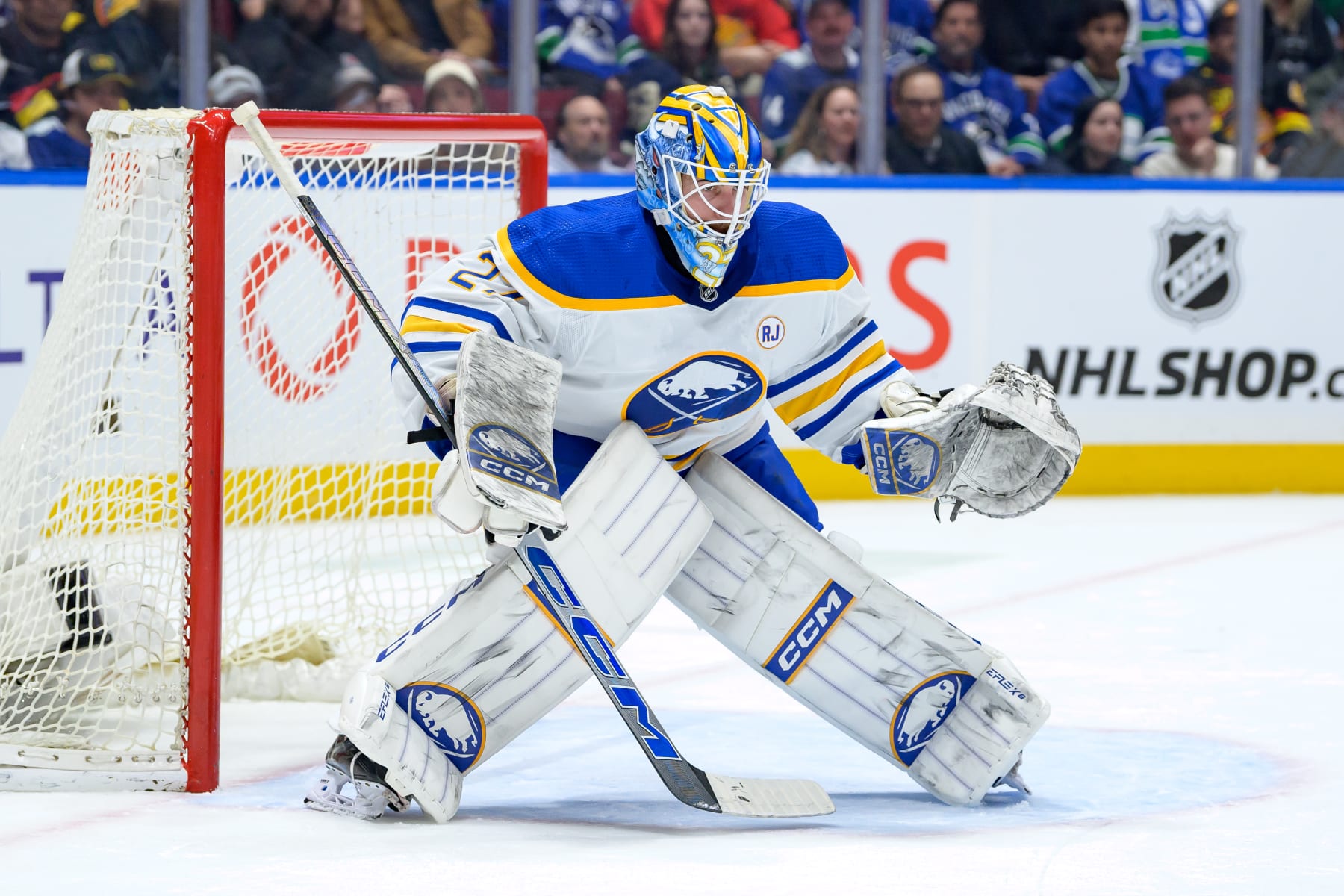 VANCOUVER, CANADA - MARCH 19: Devon Levi #27 of the Buffalo Sabres in net during the first period of their NHL game against the Vancouver Canucks at Rogers Arena on March 19, 2024 in Vancouver, British Columbia, Canada. (Photo by Derek Cain/Getty Images)