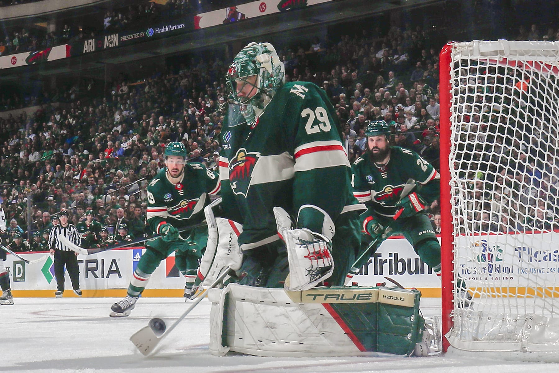 SAINT PAUL, MN - MARCH 12: Marc-Andre Fleury #29 of the Minnesota Wild makes a save against the Arizona Coyotes during the game at the Xcel Energy Center on March 12, 2024 in Saint Paul, Minnesota. (Photo by Bruce Kluckhohn/NHLI via Getty Images)