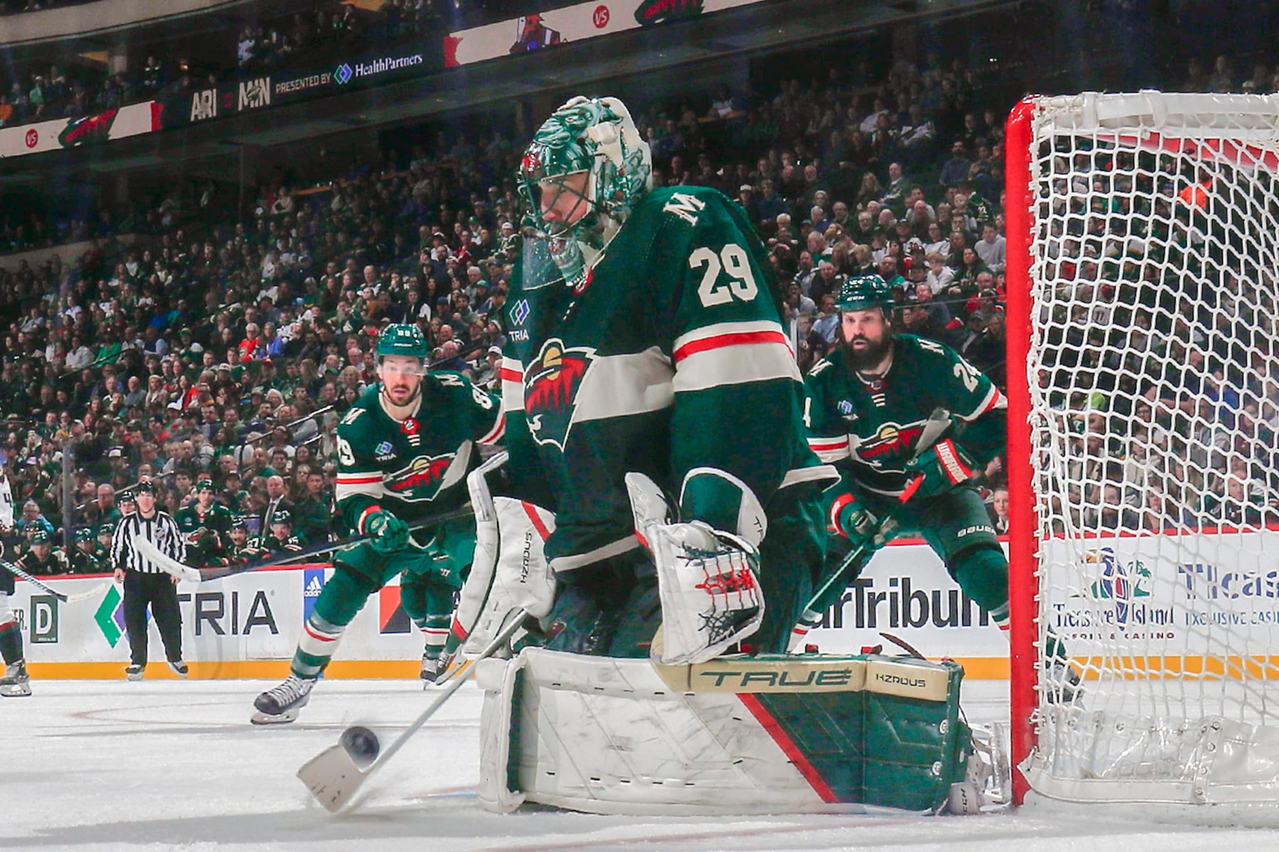 SAINT PAUL, MN - MARCH 12: Marc-Andre Fleury #29 of the Minnesota Wild makes a save against the Arizona Coyotes during the game at the Xcel Energy Center on March 12, 2024 in Saint Paul, Minnesota. (Photo by Bruce Kluckhohn/NHLI via Getty Images) SAINT PAUL, MN - MARCH 12: Marc-Andre Fleury #29 of the Minnesota Wild makes a save against the Arizona Coyotes during the game at the Xcel Energy Center on March 12, 2024 in Saint Paul, Minnesota. (Photo by Bruce Kluckhohn/NHLI via Getty Images)