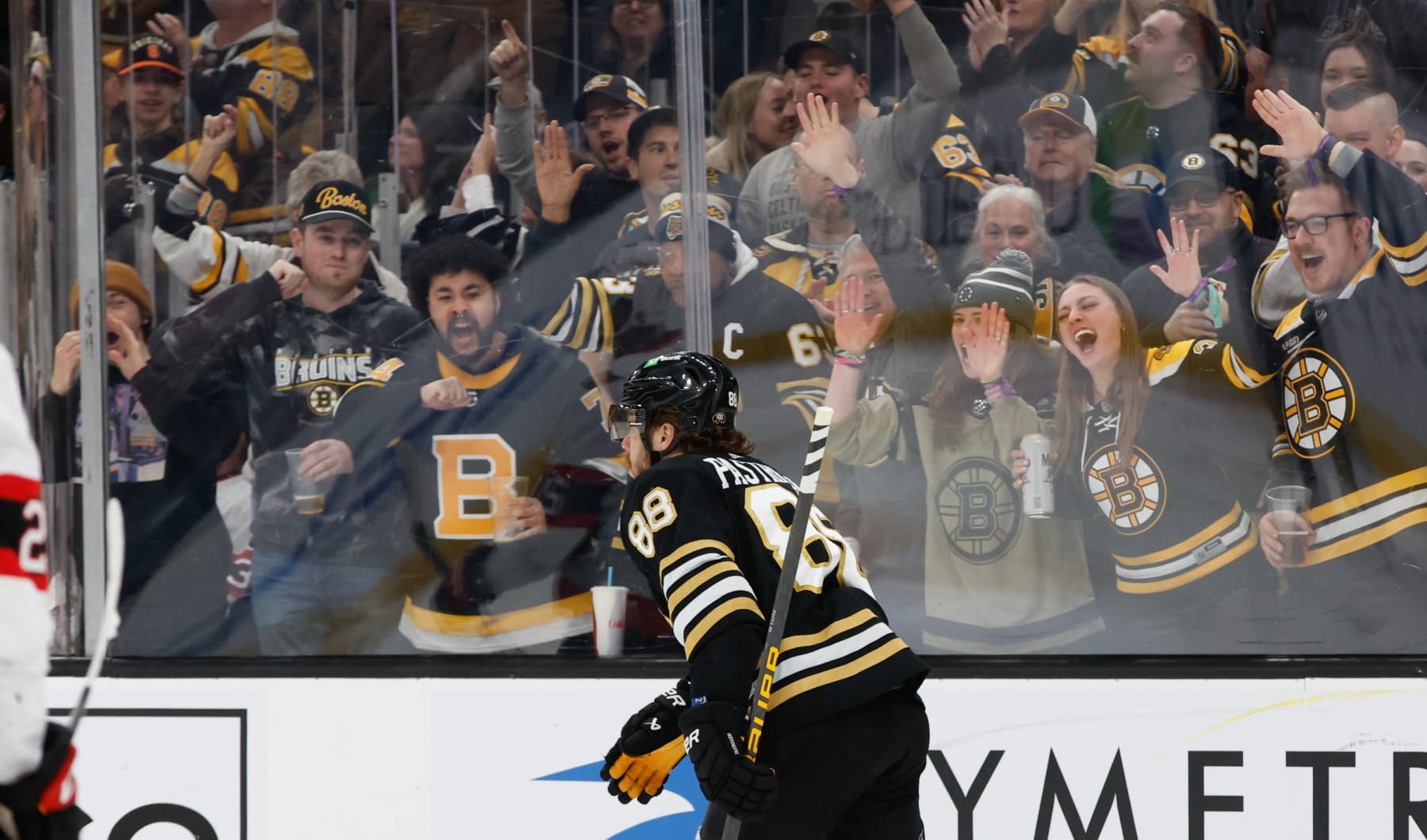 BOSTON, MASSACHUSETTS - MARCH 19: David Pastrnak #88 of the Boston Bruins celebrates his second goal of the game against the Ottawa Senators at the TD Garden on March 19, 2024 in Boston, Massachusetts. (Photo by Rich Gagnon/Getty Images)