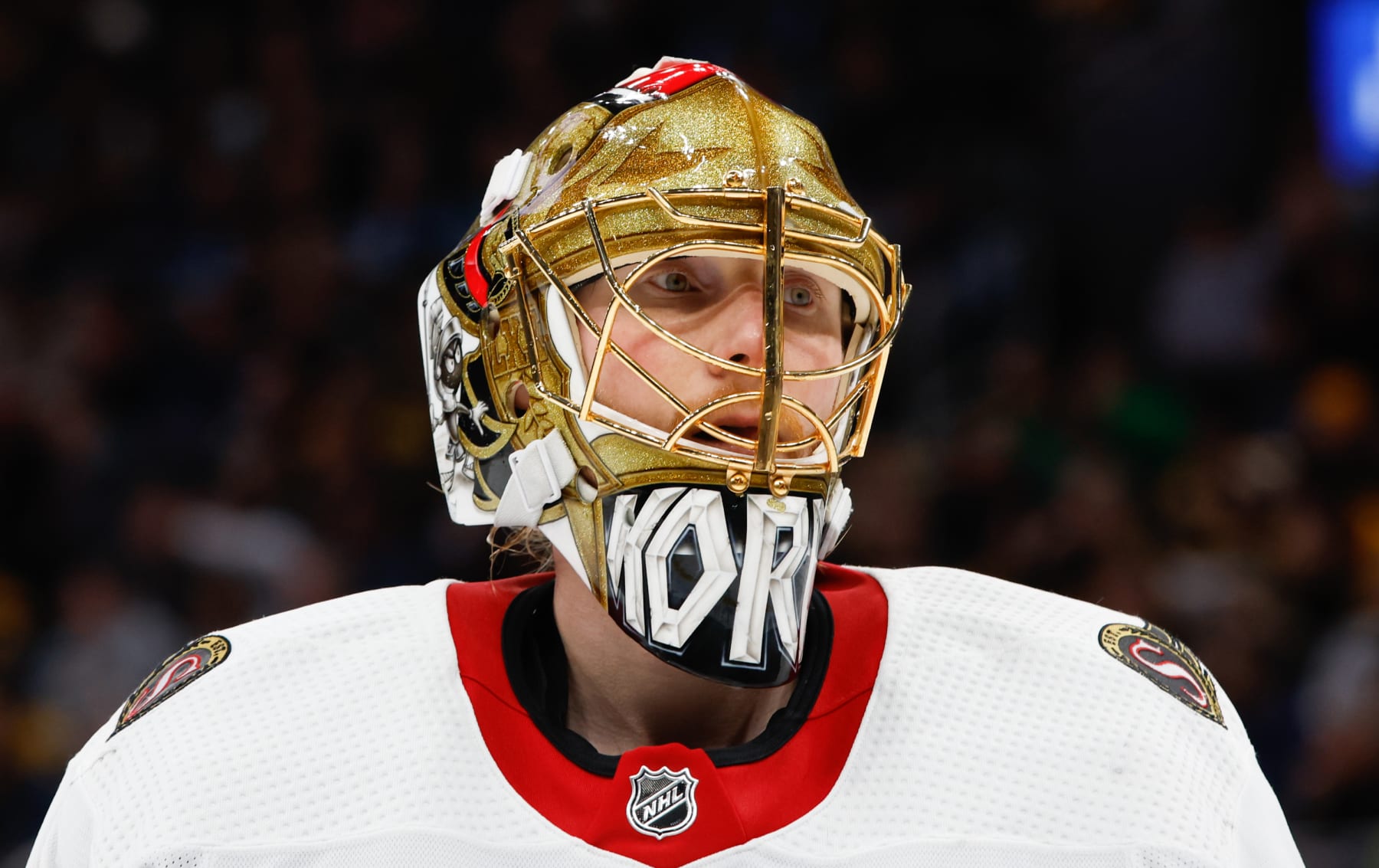BOSTON, MASSACHUSETTS - MARCH 19: Joonas Korpisalo #70 of the Ottawa Senators tends goal against the Boston Bruins during the first period at the TD Garden on March 19, 2024 in Boston, Massachusetts. (Photo by Rich Gagnon/Getty Images)