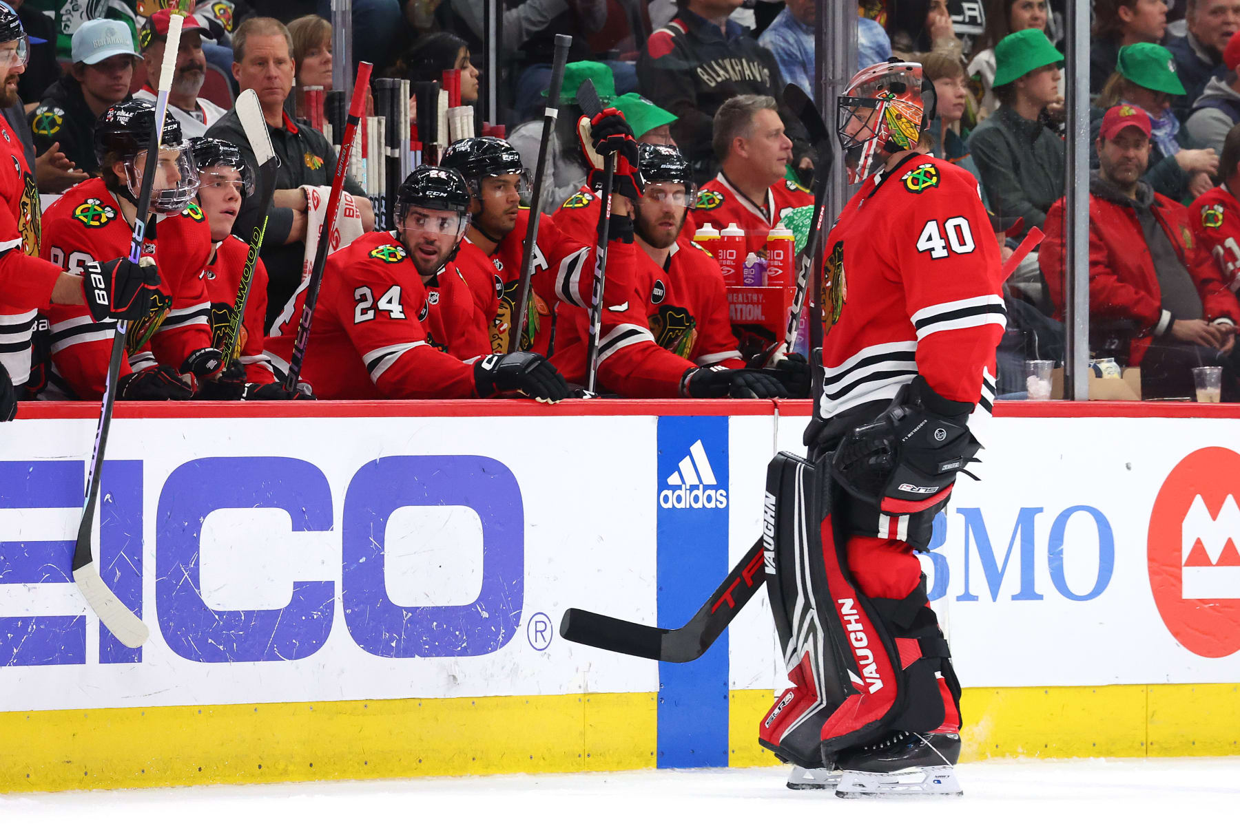 CHICAGO, ILLINOIS - MARCH 15: Arvid Soderblom #40 of the Chicago Blackhawks reacts as he is removed from the game after allowing four goal during the first period against the Los Angeles Kings at the United Center on March 15, 2024 in Chicago, Illinois. (Photo by Michael Reaves/Getty Images)