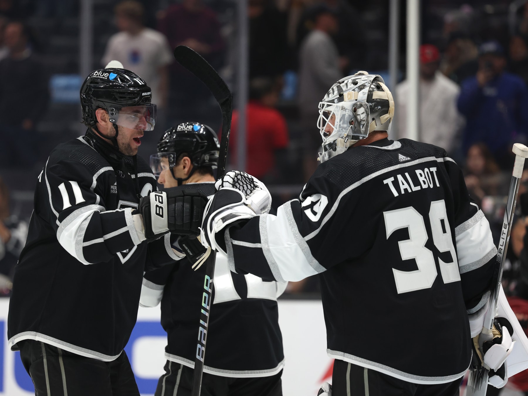LOS ANGELES, CALIFORNIA - MARCH 19: Anze Kopitar #11 of the Los Angeles Kings celebrates a 6-2 Kings win over the Chicago Blackhawks at Crypto.com Arena on March 19, 2024 in Los Angeles, California. (Photo by Harry How/Getty Images)