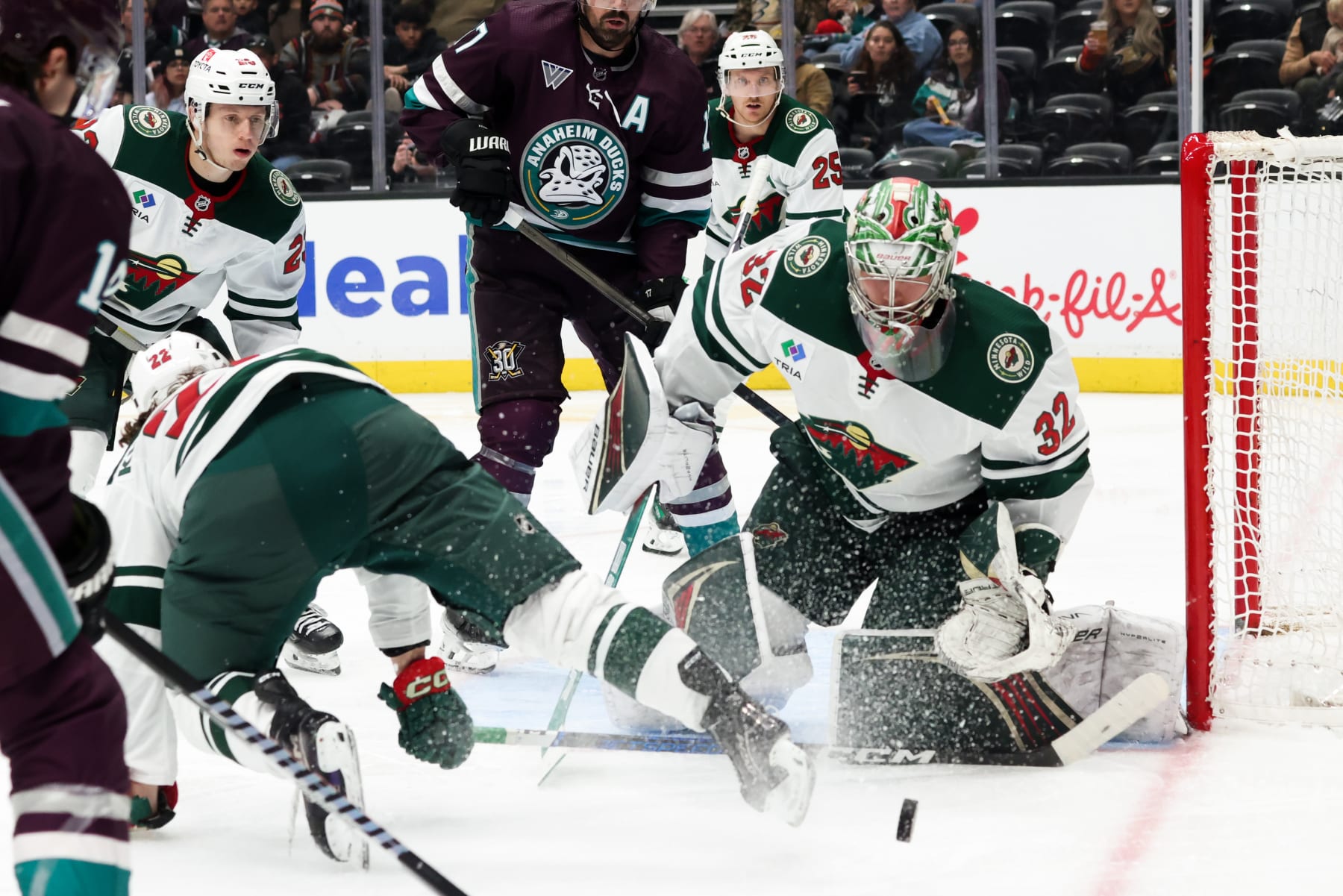 ANAHEIM, CA  MARCH 19:  Filip Gustavsson #32 of the Minnesota Wild holds the crease during the game against the Anaheim Ducks on March 19, 2024 at Honda Center in Anaheim, California. (Photo by Debora Robinson NHLI via Getty Images)