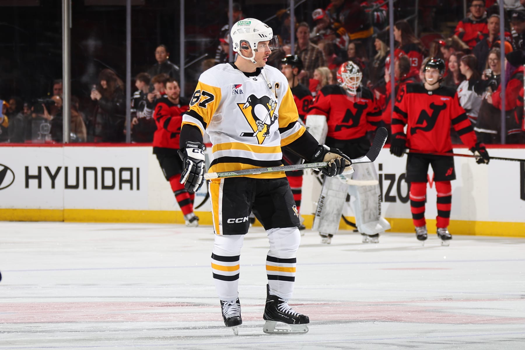 NEWARK, NJ - MARCH 19: Sidney Crosby #87 of the Pittsburgh Penguins warms up prior to the game against the New Jersey Devils at the Prudential Center on March 19, 2024 in Newark, New Jersey.  (Photo by Rich Graessle/NHLI via Getty Images)
