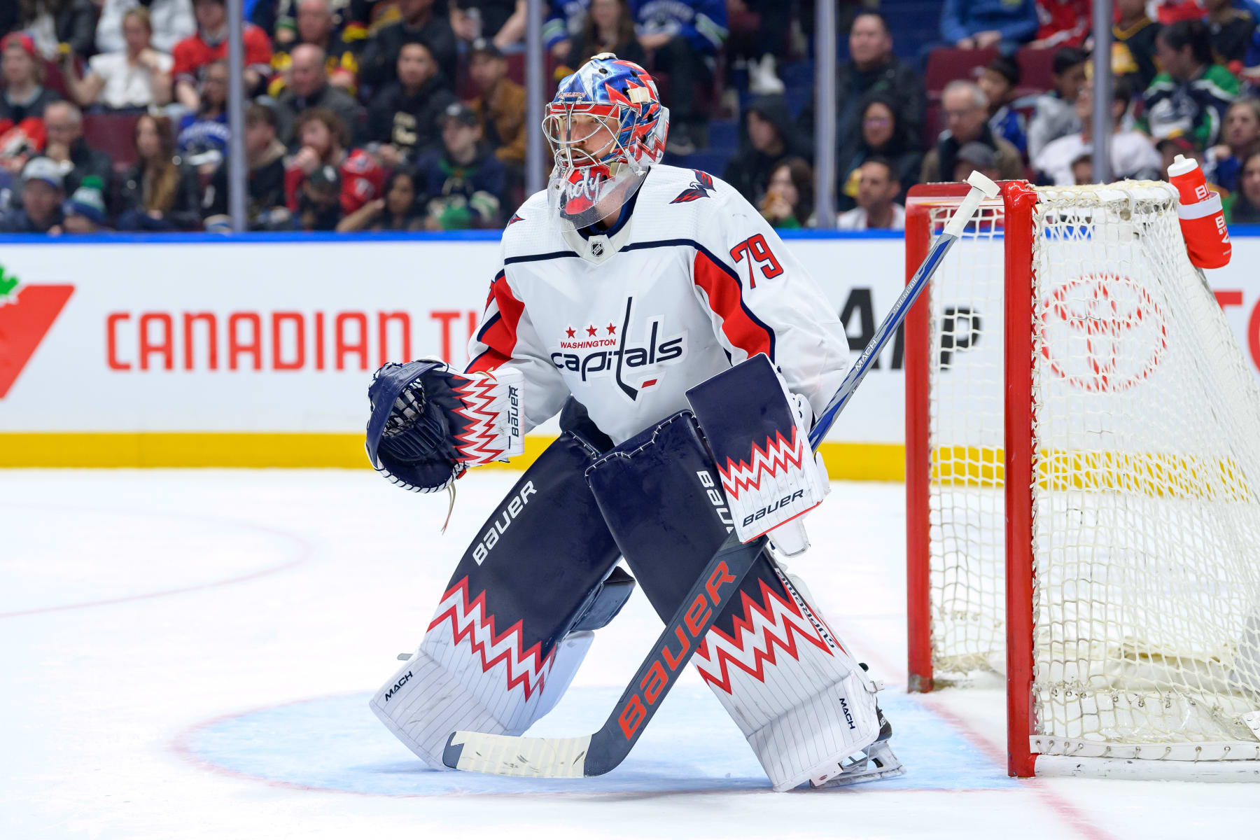 VANCOUVER, CANADA - MARCH 16: Charlie Lindgren #79 of the Washington Capitals in net during the second period of their NHL game against the Vancouver Canucks at Rogers Arena on March 16, 2024 in Vancouver, British Columbia, Canada. (Photo by Derek Cain/Getty Images)