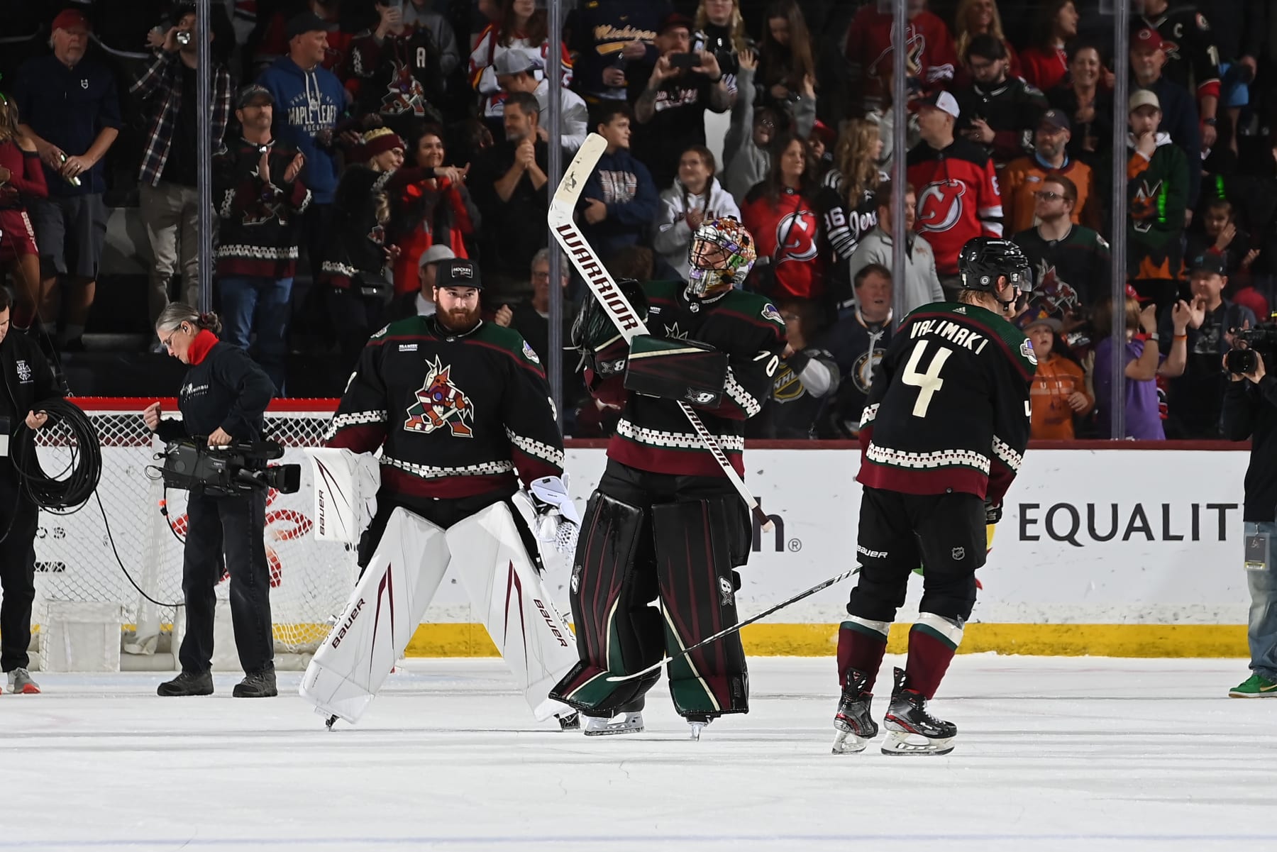 TEMPE, ARIZONA - MARCH 16: Karel Vejmelka #70 of the Arizona Coyotes salutes the fans after a 4-1 win against the New Jersey Devils at Mullett Arena on March 16, 2024 in Tempe, Arizona. (Photo by Norm Hall/NHLI via Getty Images)