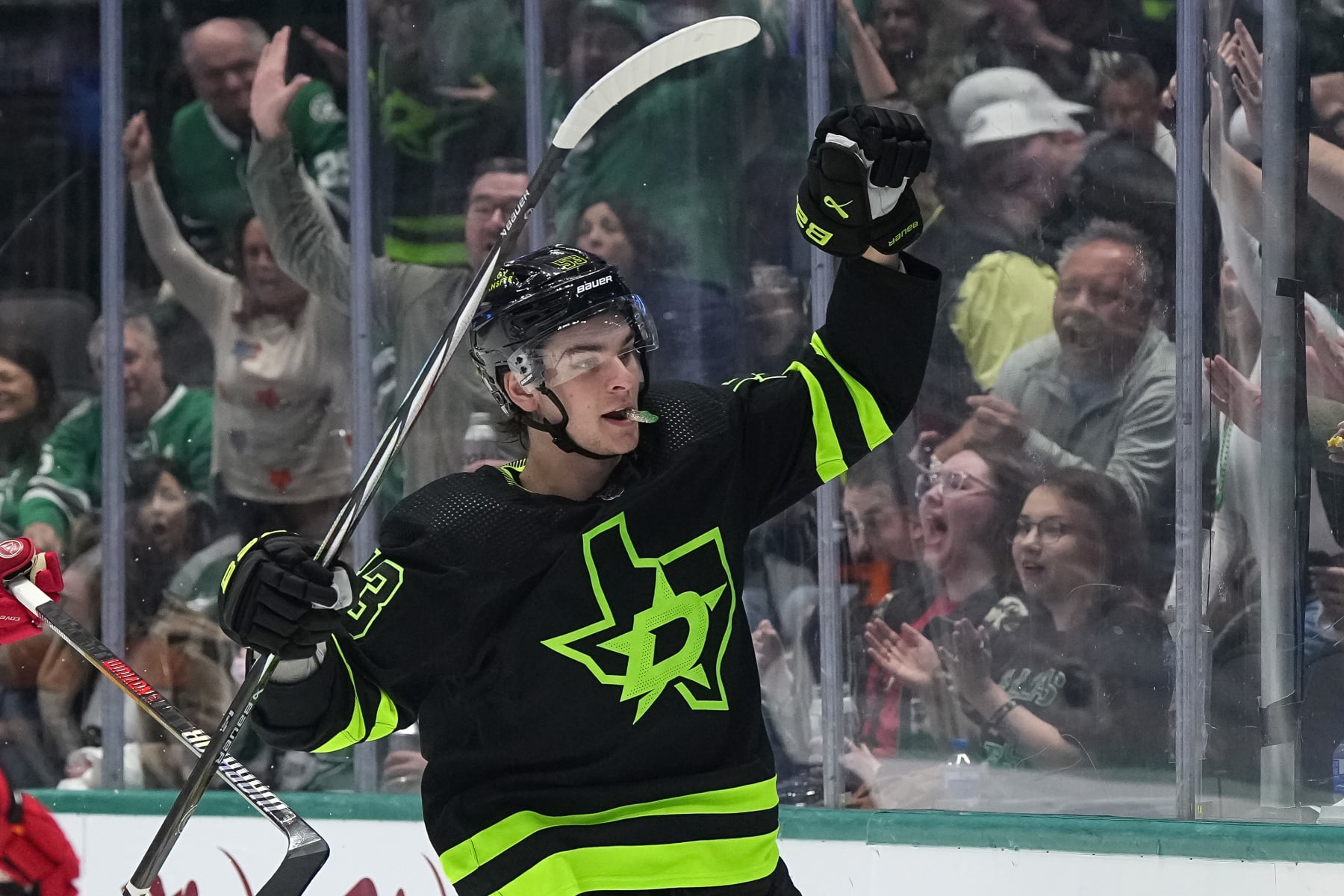 DALLAS, TEXAS - MARCH 14: Wyatt Johnston #53 of the Dallas Stars celebrates his first period goal against the New Jersey Devils at American Airlines Center on March 14, 2024 in Dallas, Texas. (Photo by Sam Hodde/Getty Images)