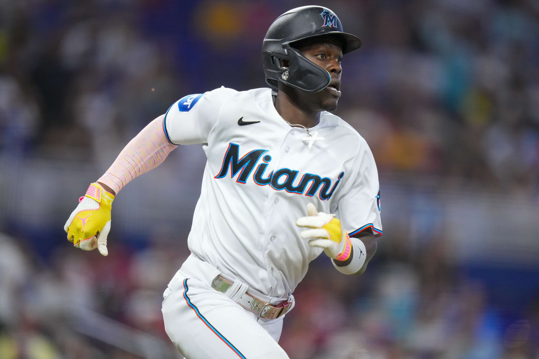 MIAMI, FLORIDA - SEPTEMBER 24: Jazz Chisholm Jr. #2 of the Miami Marlins runs to second base after hitting a double against the Milwaukee Brewers during the fifth inning at loanDepot park on September 24, 2023 in Miami, Florida. (Photo by Rich Storry/Getty Images)