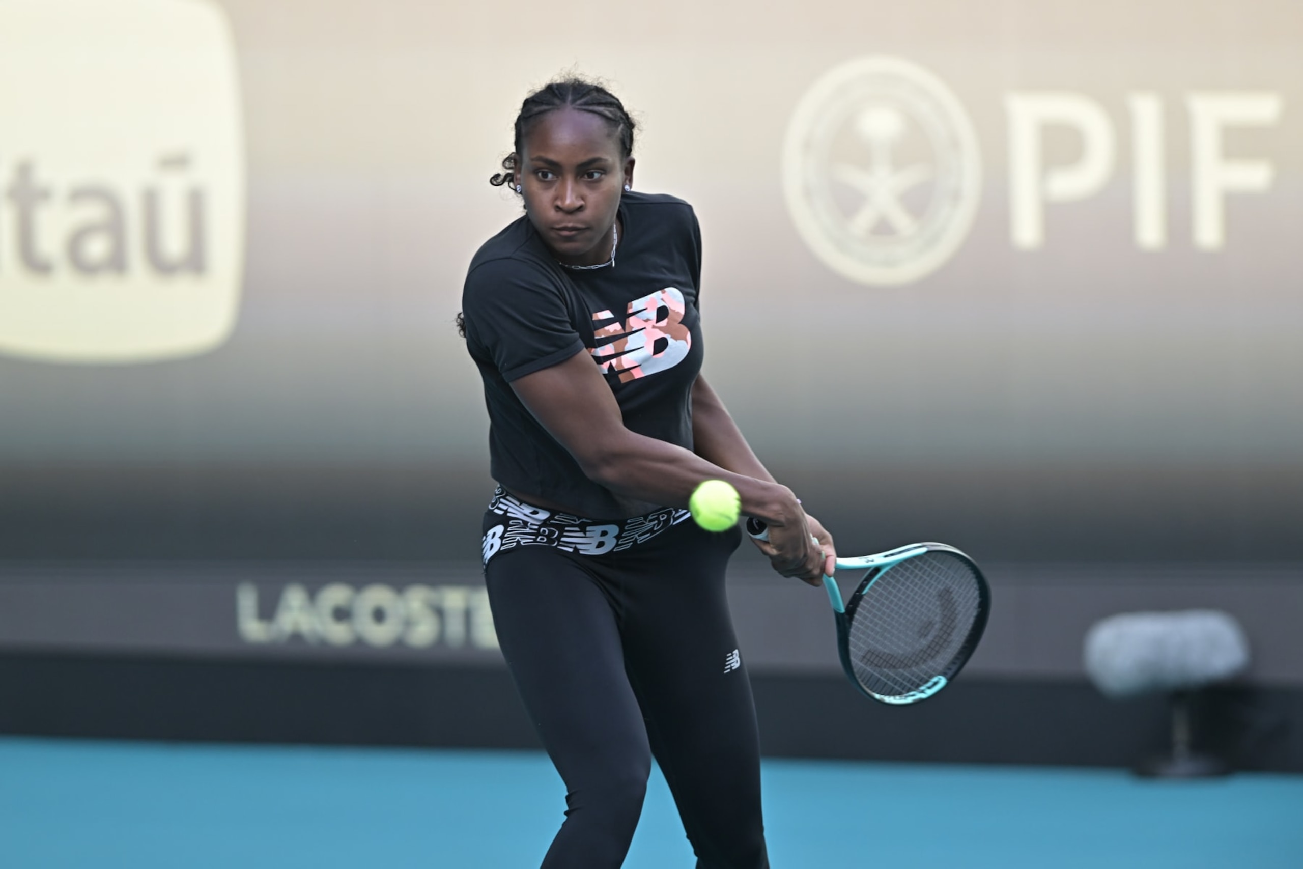 MIAMI GARDENS, FL - MARCH 19: Coco Gauff (USA) hits the ball during practice during the Miami Open on March 19, 2024, at Hard Rock Stadium in Miami Gardens, FL. (Photo by Michele Eve Sandberg/Icon Sportswire via Getty Images)(Photo by Michele Eve Sandberg/Icon Sportswire via Getty Images)
