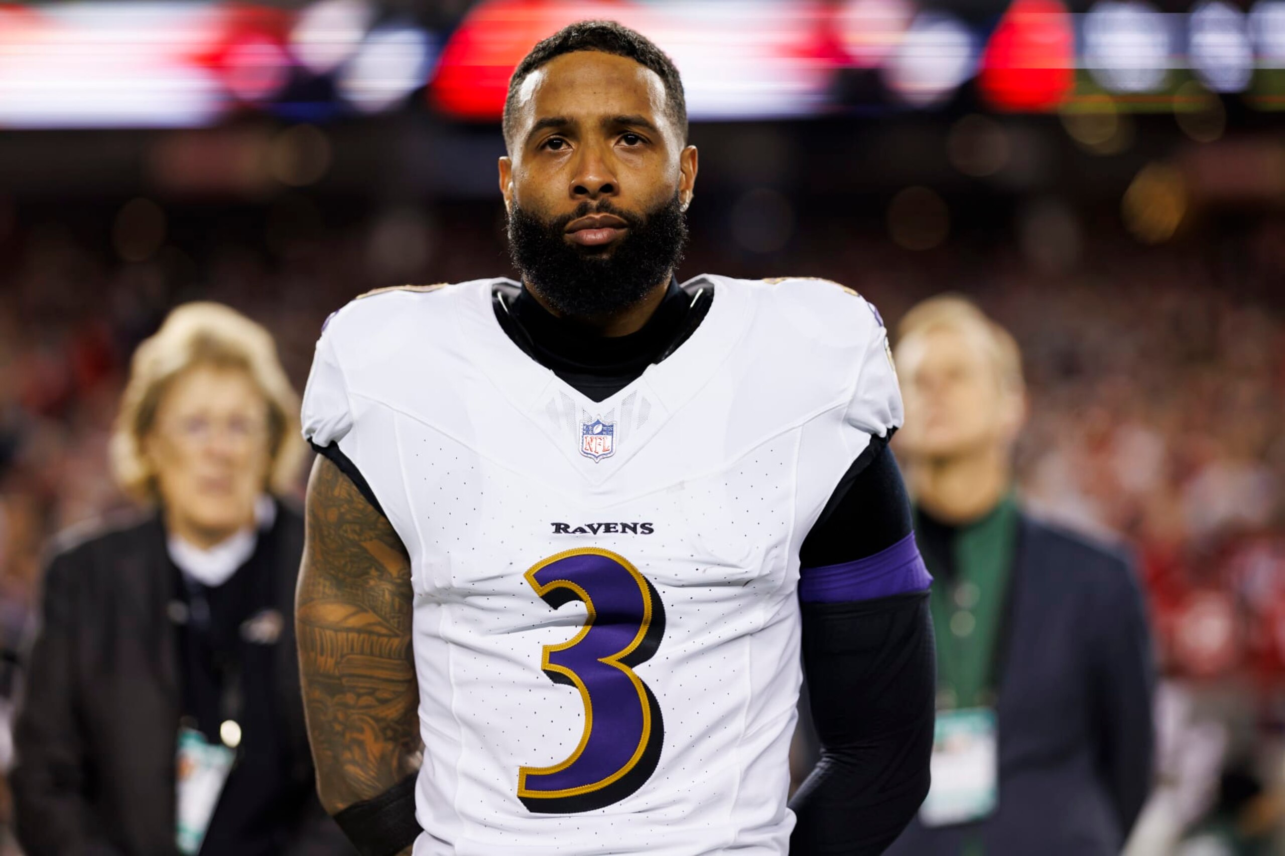 SANTA CLARA, CALIFORNIA - DECEMBER 25: Odell Beckham Jr. #3 of the Baltimore Ravens looks on from the sideline before an NFL football game against the San Francisco 49ers at Levi's Stadium on December 25, 2023 in Santa Clara, California. (Photo by Ryan Kang/Getty Images) SANTA CLARA, CALIFORNIA - DECEMBER 25: Odell Beckham Jr. #3 of the Baltimore Ravens looks on from the sideline before an NFL football game against the San Francisco 49ers at Levi's Stadium on December 25, 2023 in Santa Clara, California. (Photo by Ryan Kang/Getty Images)