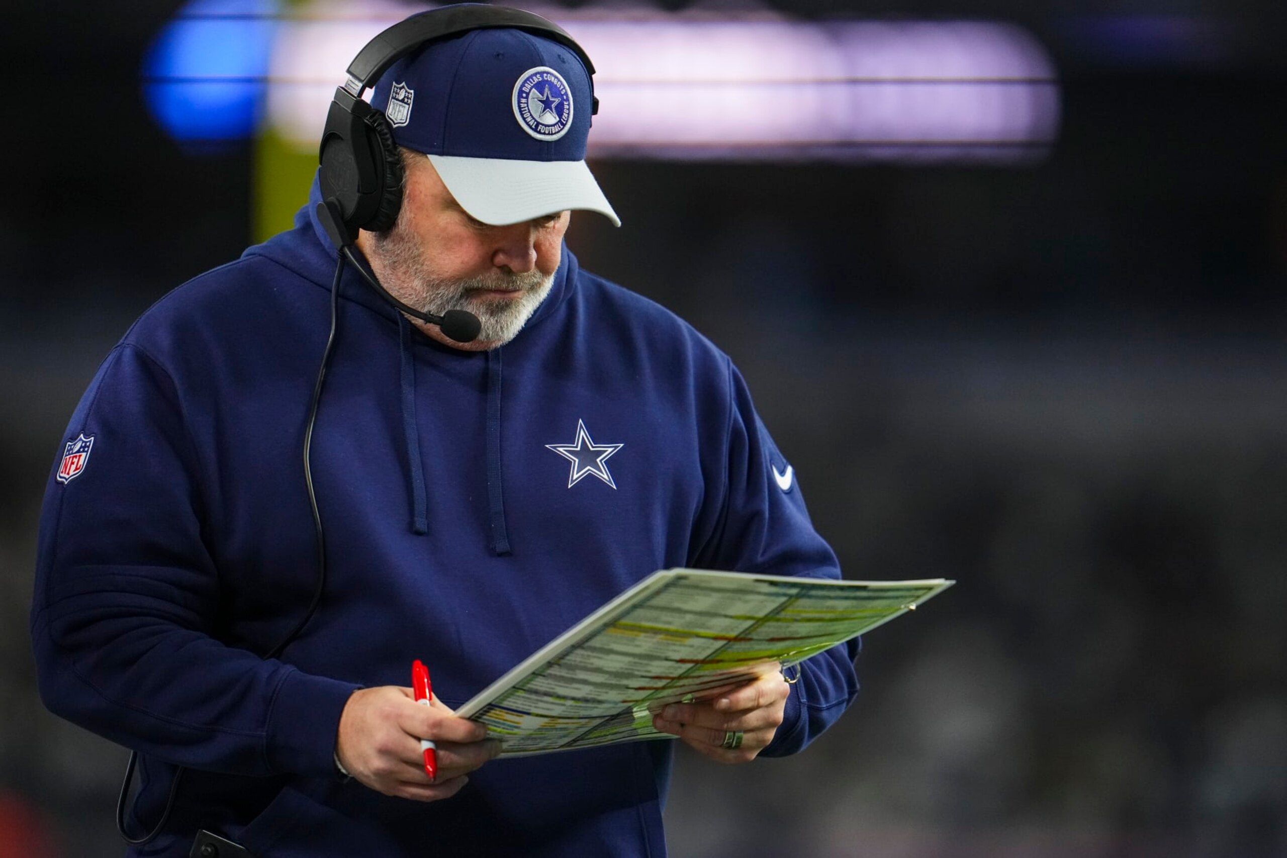 DALLAS, TX - JANUARY 14: Dallas Cowboys head coach Mike McCarthy looks on from the sideline during an NFL wild-card playoff football game against the Green Bay Packers at AT&T Stadium on January 14, 2024 in Dallas, Texas. (Photo by Cooper Neill/Getty Images)