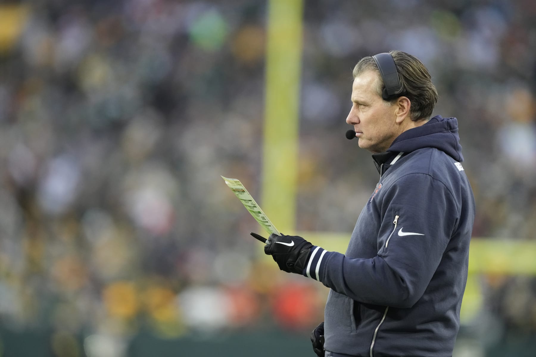 GREEN BAY, WISCONSIN - JANUARY 07: Head coach Matt Eberflus of the Chicago Bears looks on during the first half in the game against the Green Bay Packers at Lambeau Field on January 07, 2024 in Green Bay, Wisconsin. (Photo by Patrick McDermott/Getty Images)