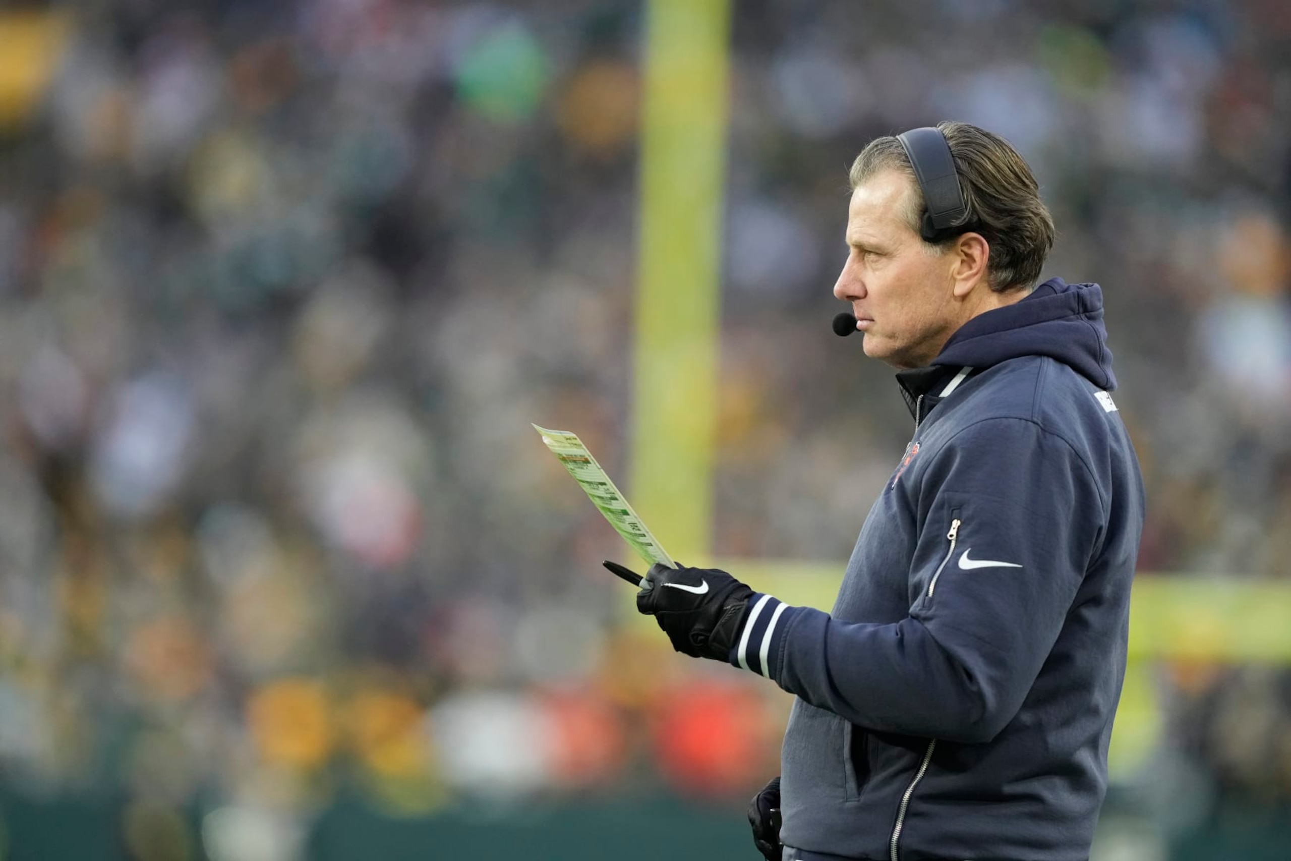 GREEN BAY, WISCONSIN - JANUARY 07: Head coach Matt Eberflus of the Chicago Bears looks on during the first half in the game against the Green Bay Packers at Lambeau Field on January 07, 2024 in Green Bay, Wisconsin. (Photo by Patrick McDermott/Getty Images)