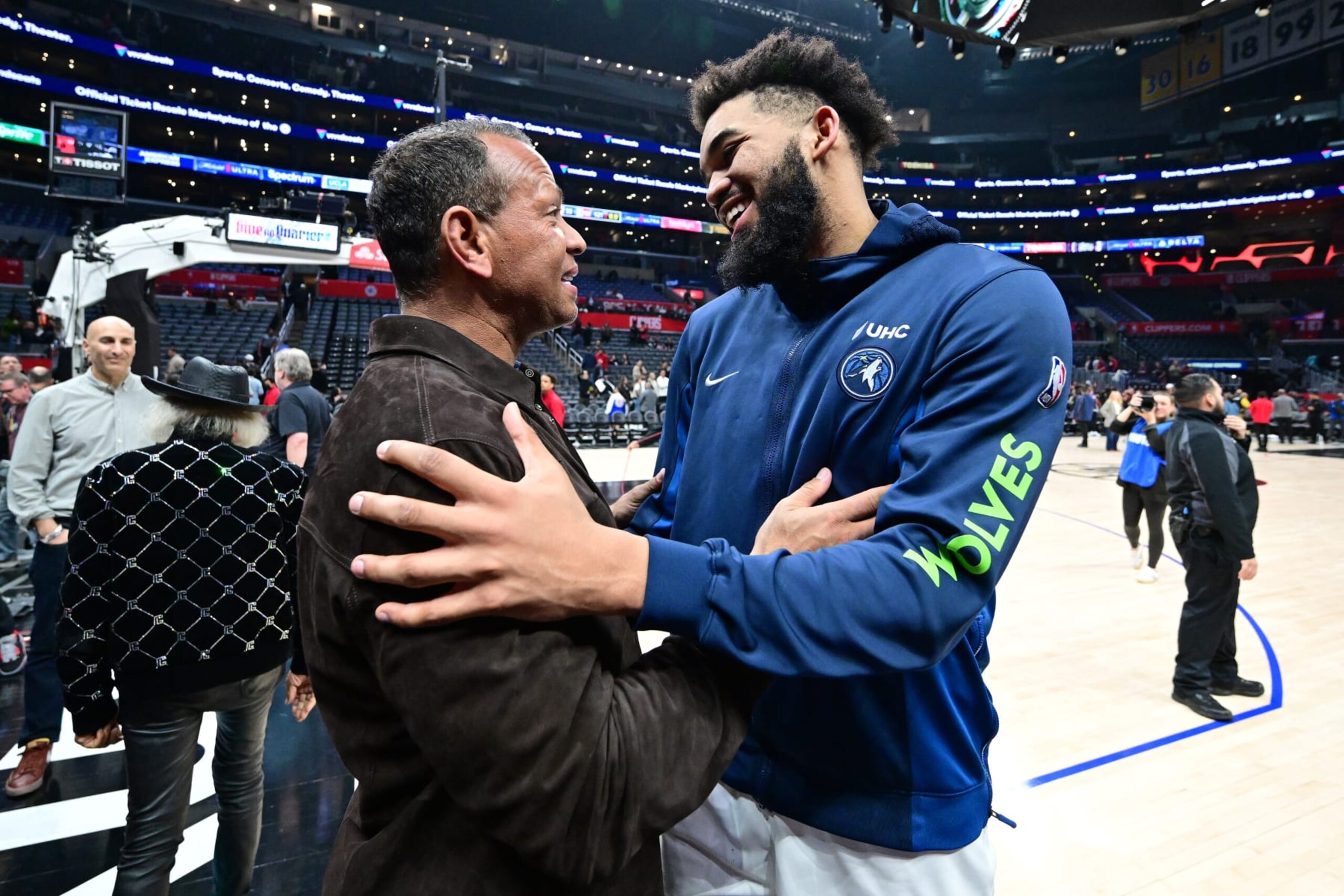 LOS ANGELES, CA - FEBRUARY 12: Alex Rodriguez and Karl-Anthony Towns #32 of the Minnesota Timberwolves smile after the game against the LA Clippers on February 12, 2024 at Crypto.Com Arena in Los Angeles, California. NOTE TO USER: User expressly acknowledges and agrees that, by downloading and/or using this Photograph, user is consenting to the terms and conditions of the Getty Images License Agreement. Mandatory Copyright Notice: Copyright 2024 NBAE (Photo by Adam Pantozzi/NBAE via Getty Images) LOS ANGELES, CA - FEBRUARY 12: Alex Rodriguez and Karl-Anthony Towns #32 of the Minnesota Timberwolves smile after the game against the LA Clippers on February 12, 2024 at Crypto.Com Arena in Los Angeles, California. NOTE TO USER: User expressly acknowledges and agrees that, by downloading and/or using this Photograph, user is consenting to the terms and conditions of the Getty Images License Agreement. Mandatory Copyright Notice: Copyright 2024 NBAE (Photo by Adam Pantozzi/NBAE via Getty Images)
