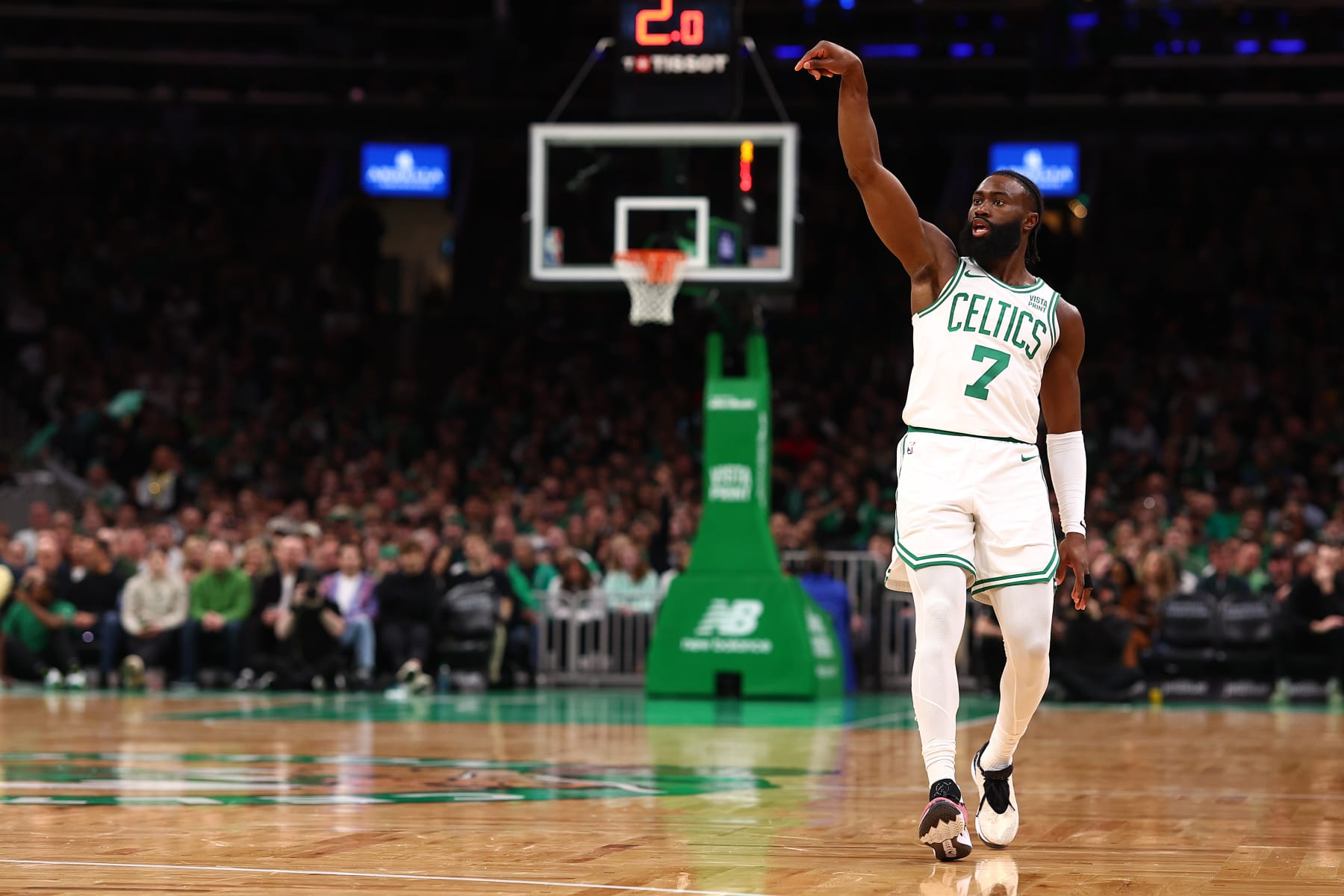 BOSTON, MASSACHUSETTS - MARCH 18: Jaylen Brown #7 of the Boston Celtics watches his three point shot against the Detroit Pistons during the second quarter at TD Garden on March 18, 2024 in Boston, Massachusetts. NOTE TO USER: User expressly acknowledges and agrees that, by downloading and or using this photograph, user is consenting to the terms and conditions of the Getty Images License Agreement. (Photo by Maddie Meyer/Getty Images)