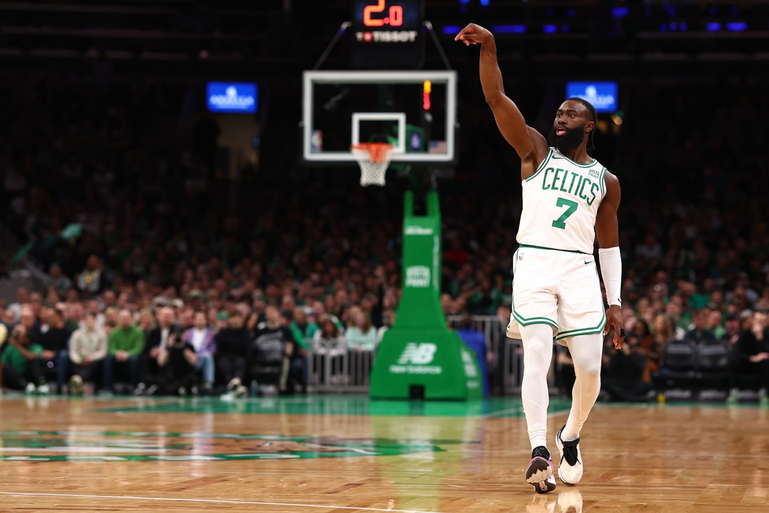 BOSTON, MASSACHUSETTS - MARCH 18: Jaylen Brown #7 of the Boston Celtics watches his three point shot against the Detroit Pistons during the second quarter at TD Garden on March 18, 2024 in Boston, Massachusetts. NOTE TO USER: User expressly acknowledges and agrees that, by downloading and or using this photograph, user is consenting to the terms and conditions of the Getty Images License Agreement. (Photo by Maddie Meyer/Getty Images)