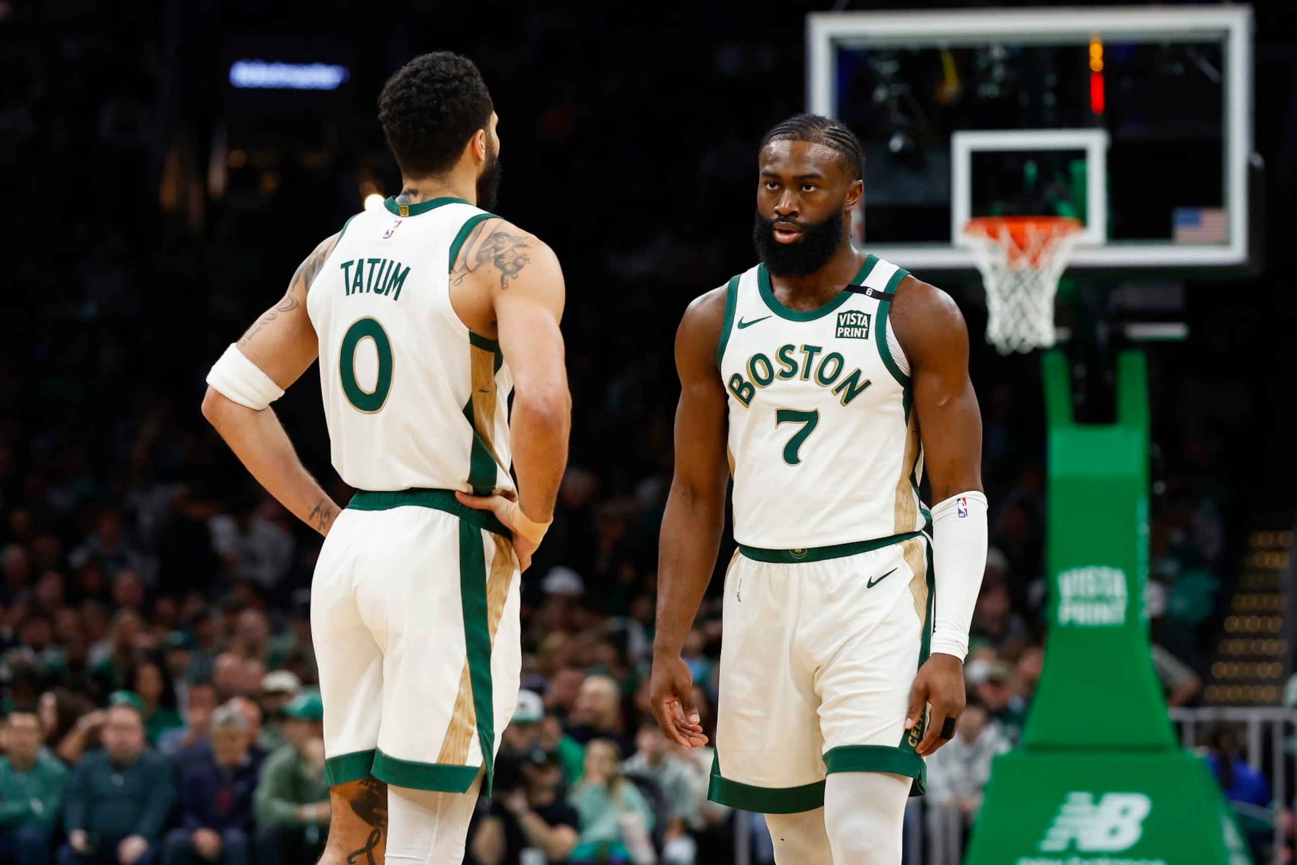 BOSTON, MA - FEBRUARY 9: Jaylen Brown #7 of the Boston Celtics and Jayson Tatum #0 during the first quarter against the Washington Wizards at TD Garden on February 9, 2024 in Boston, Massachusetts. NOTE TO USER: User expressly acknowledges and agrees that, by downloading and/or using this Photograph, user is consenting to the terms and conditions of the Getty Images License Agreement. (Photo By Winslow Townson/Getty Images)