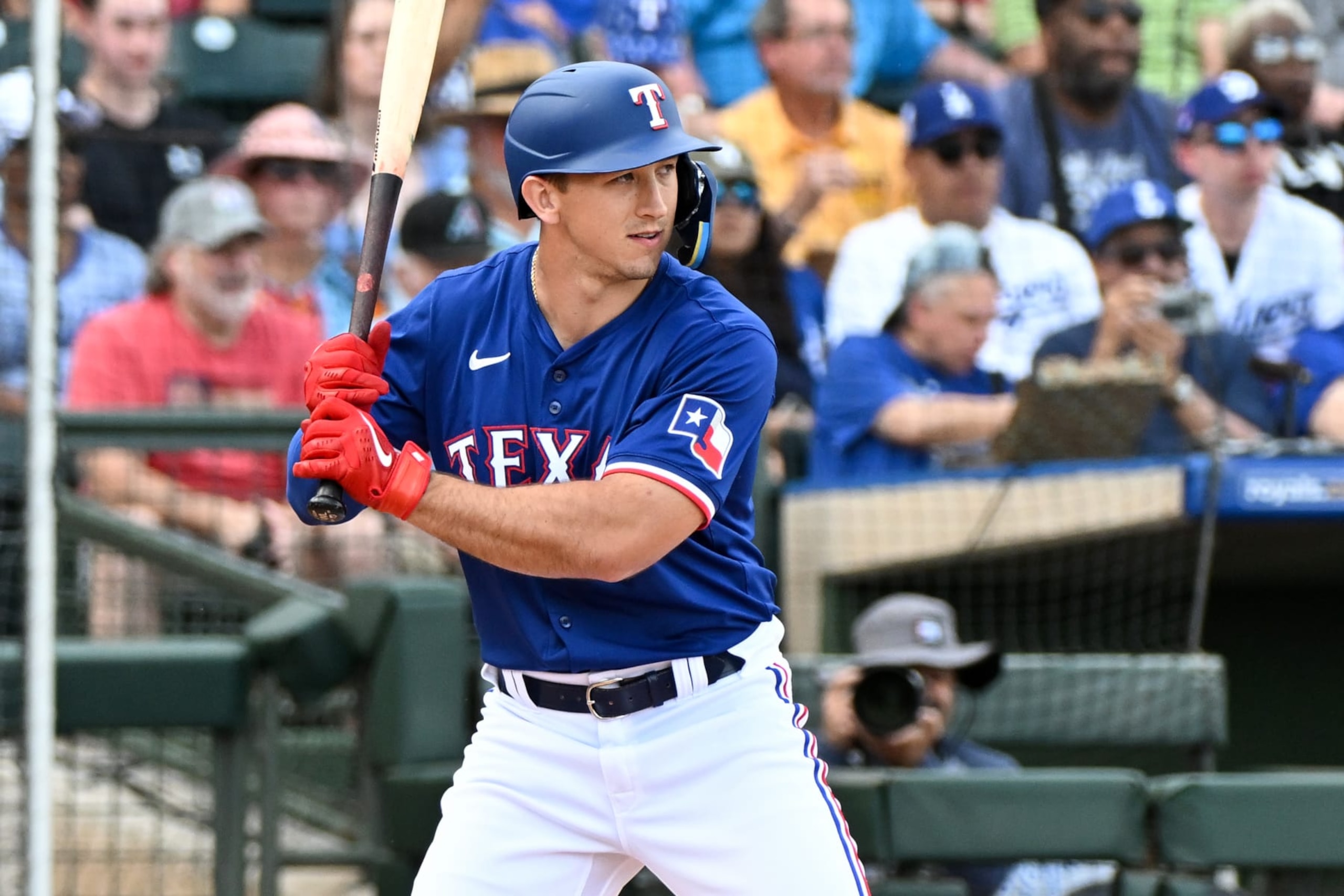 SURPRISE, ARIZONA - FEBRUARY 28, 2024: Wyatt Langford #82 of the Texas Rangers bats during the first inning of a spring training game against the Los Angeles Dodgers at Surprise Stadium on February 28, 2024 in Surprise, Arizona. (Photo by David Durochik/Diamond Images via Getty Images)
