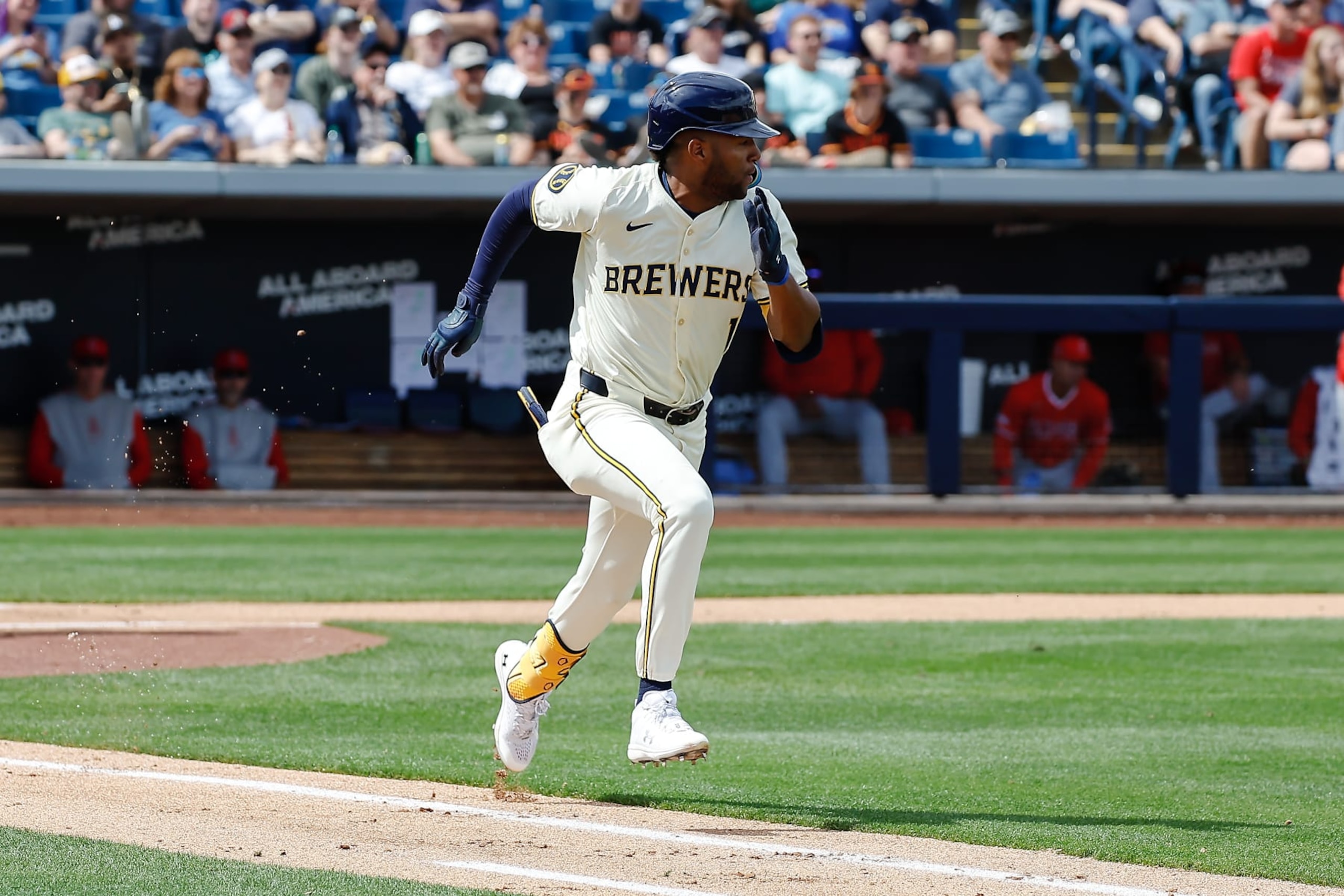 MARYVALE, AZ - MARCH 18:  Milwaukee Brewers outfielder Jackson Chourio (11) runs to first base during the MLB spring training baseball game between the Los Angeles Angels and the Milwaukee Brewers on March 18, 2024 at American Family Fields in Maryvale, Arizona. (Photo by Kevin Abele/Icon Sportswire via Getty Images)