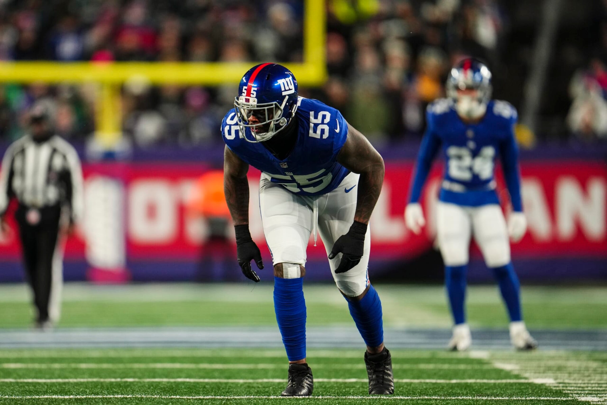 EAST RUTHERFORD, NJ - JANUARY 07: Jihad Ward #55 of the New York Giants lines up during an NFL football game against the Philadelphia Eagles at MetLife Stadium on January 7, 2024 in East Rutherford, New Jersey. (Photo by Cooper Neill/Getty Images)