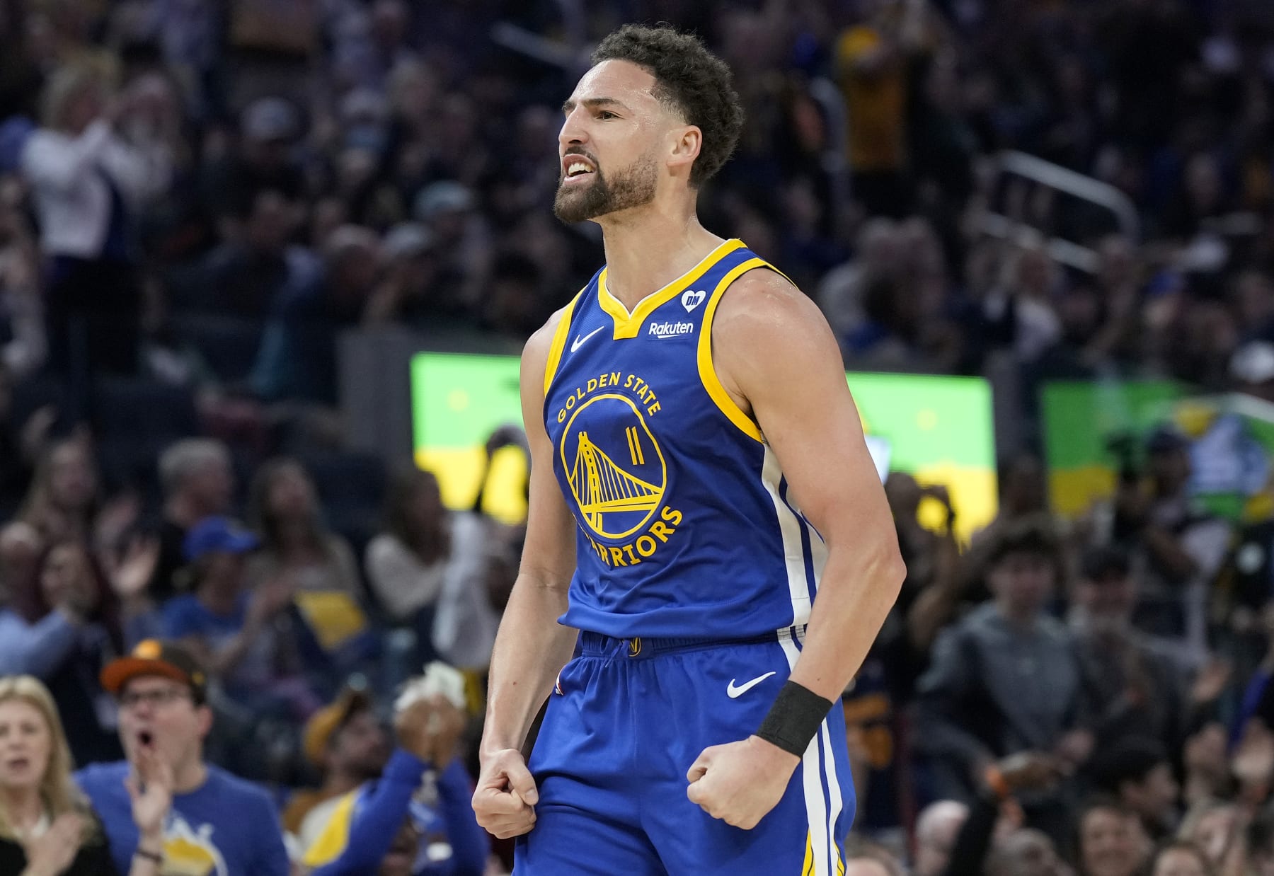 SAN FRANCISCO, CALIFORNIA - FEBRUARY 25: Klay Thompson #11 of the Golden State Warriors reacts after making a three-point shot against the Denver Nuggets in the second quarter at Chase Center on February 25, 2024 in San Francisco, California. NOTE TO USER: User expressly acknowledges and agrees that, by downloading and or using this photograph, User is consenting to the terms and conditions of the Getty Images License Agreement. (Photo by Thearon W. Henderson/Getty Images)