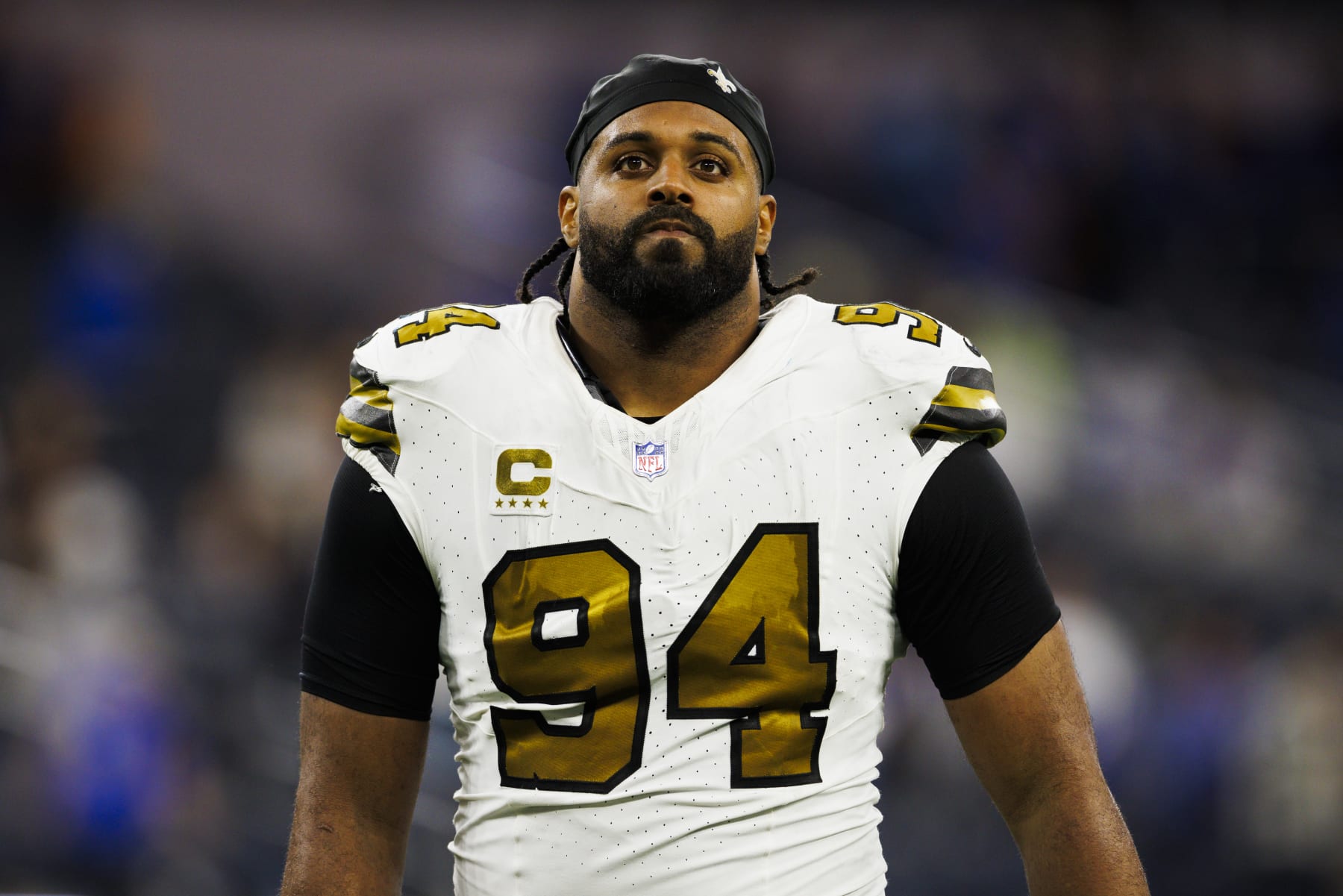 INGLEWOOD, CALIFORNIA - DECEMBER 21: Cameron Jordan #94 of the New Orleans Saints walks off the field during a game against the Los Angeles Rams at SoFi Stadium on December 21, 2023 in Inglewood, California. (Photo by Ric Tapia/Getty Images)