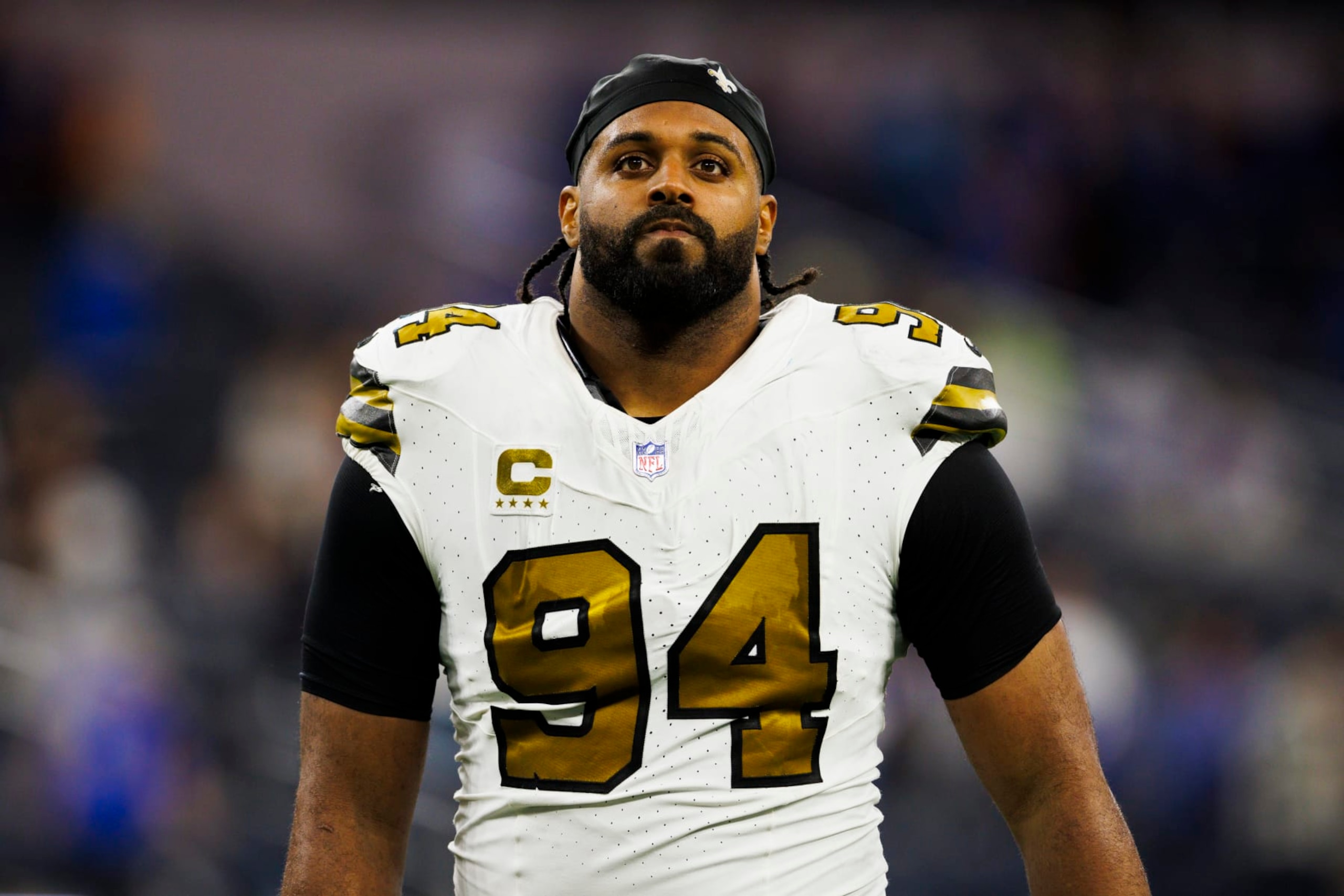 INGLEWOOD, CALIFORNIA - DECEMBER 21: Cameron Jordan #94 of the New Orleans Saints walks off the field during a game against the Los Angeles Rams at SoFi Stadium on December 21, 2023 in Inglewood, California. (Photo by Ric Tapia/Getty Images)